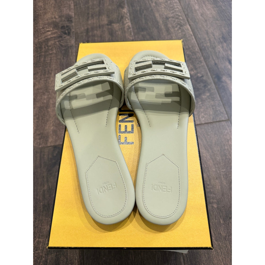 Fendi Women's FF Baguette Leather Selleria Slides BNIB Color is Sage Size 37