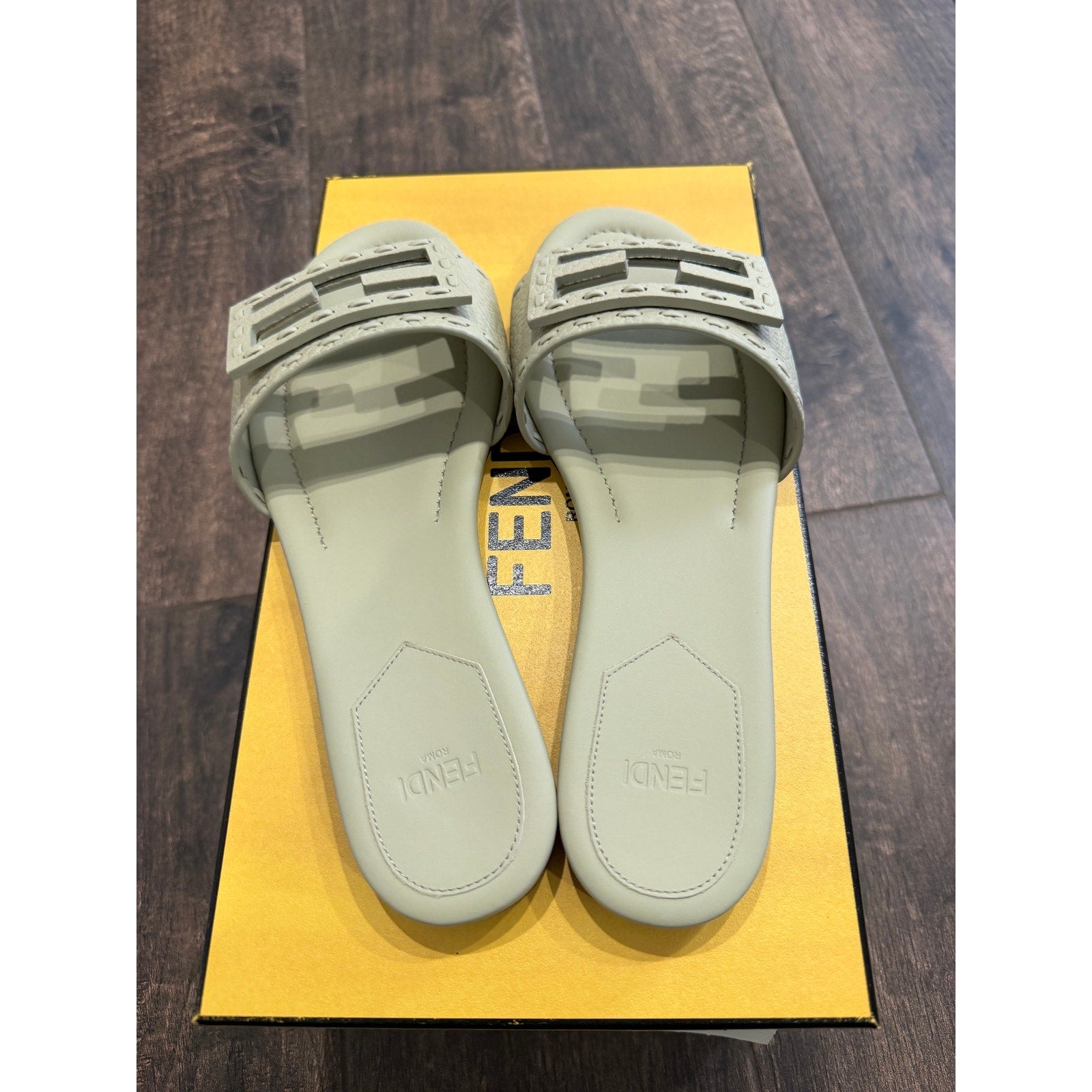 Fendi Women's FF Baguette Leather Selleria Slides BNIB Color is Sage Size 37