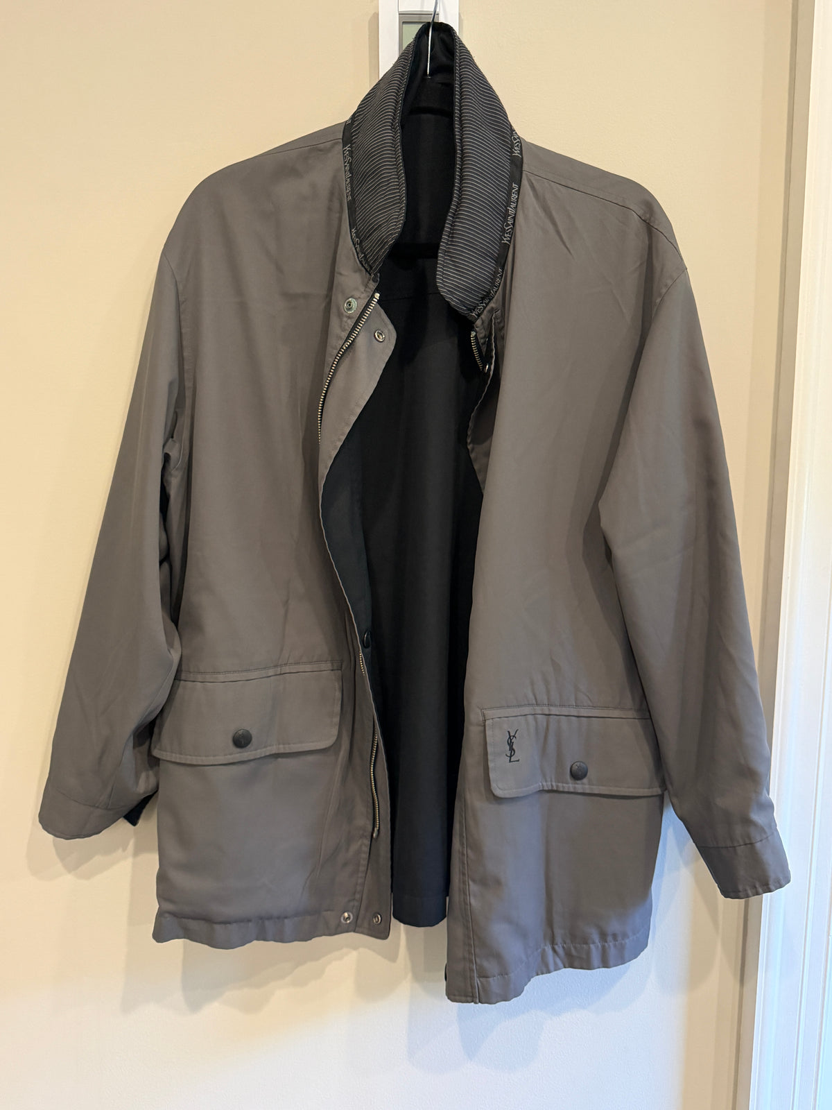 Yves Saint Laurent YSL Vintage Reversible Gray Black Bomber Windbreaker Jacket
