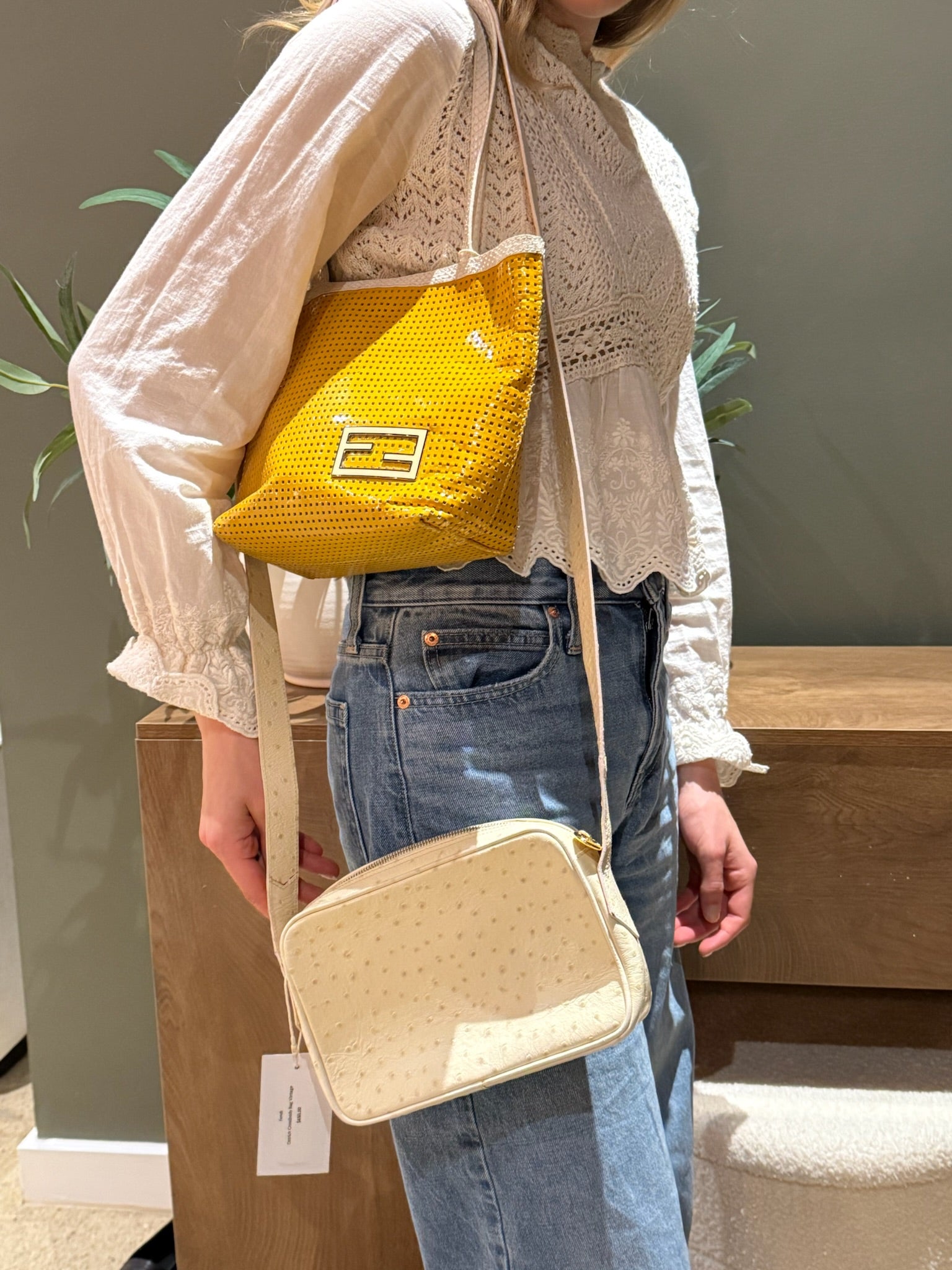 Fendi Yellow Perforated Metallic Leather Mini Tote Bag White Trim FF Logo