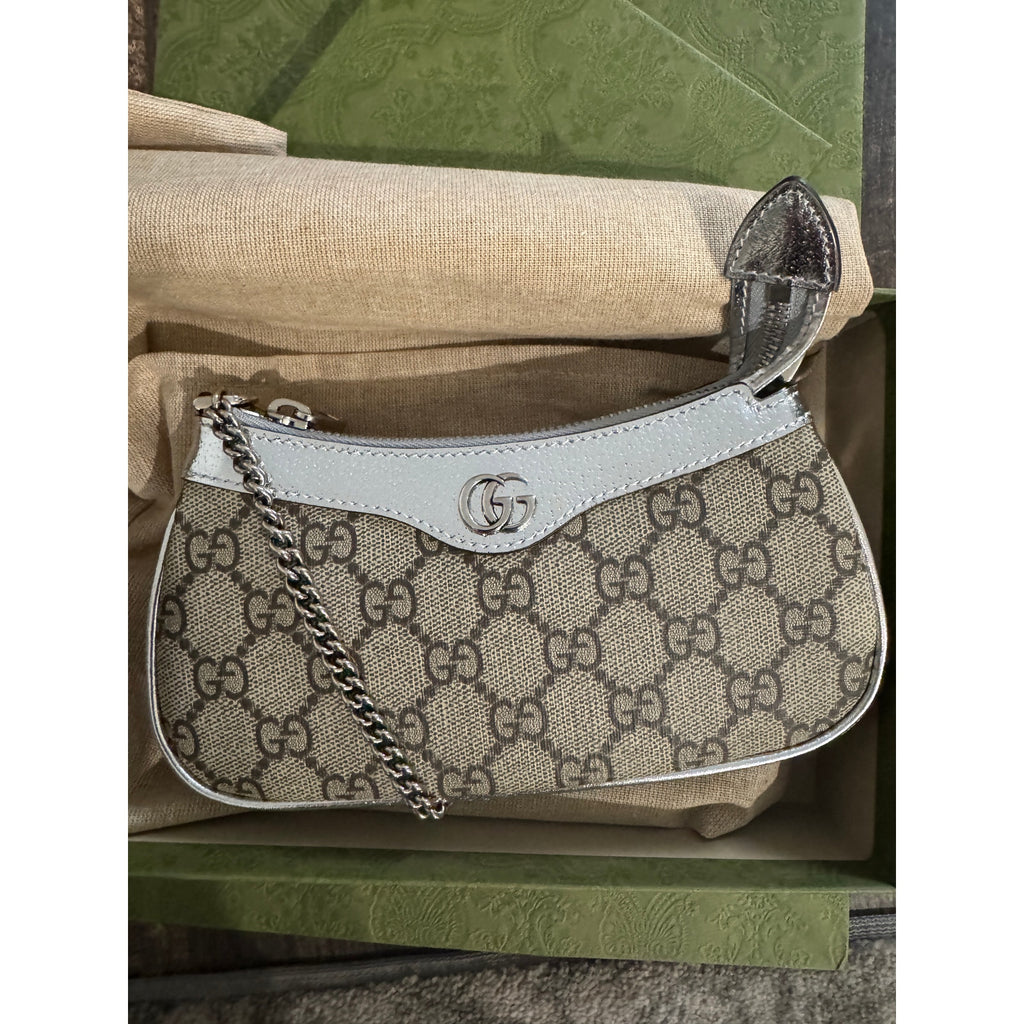 Gucci Ophidia Mini GG Canvas Shoulder Bag Beige Silver Leather Chain Strap BNIB