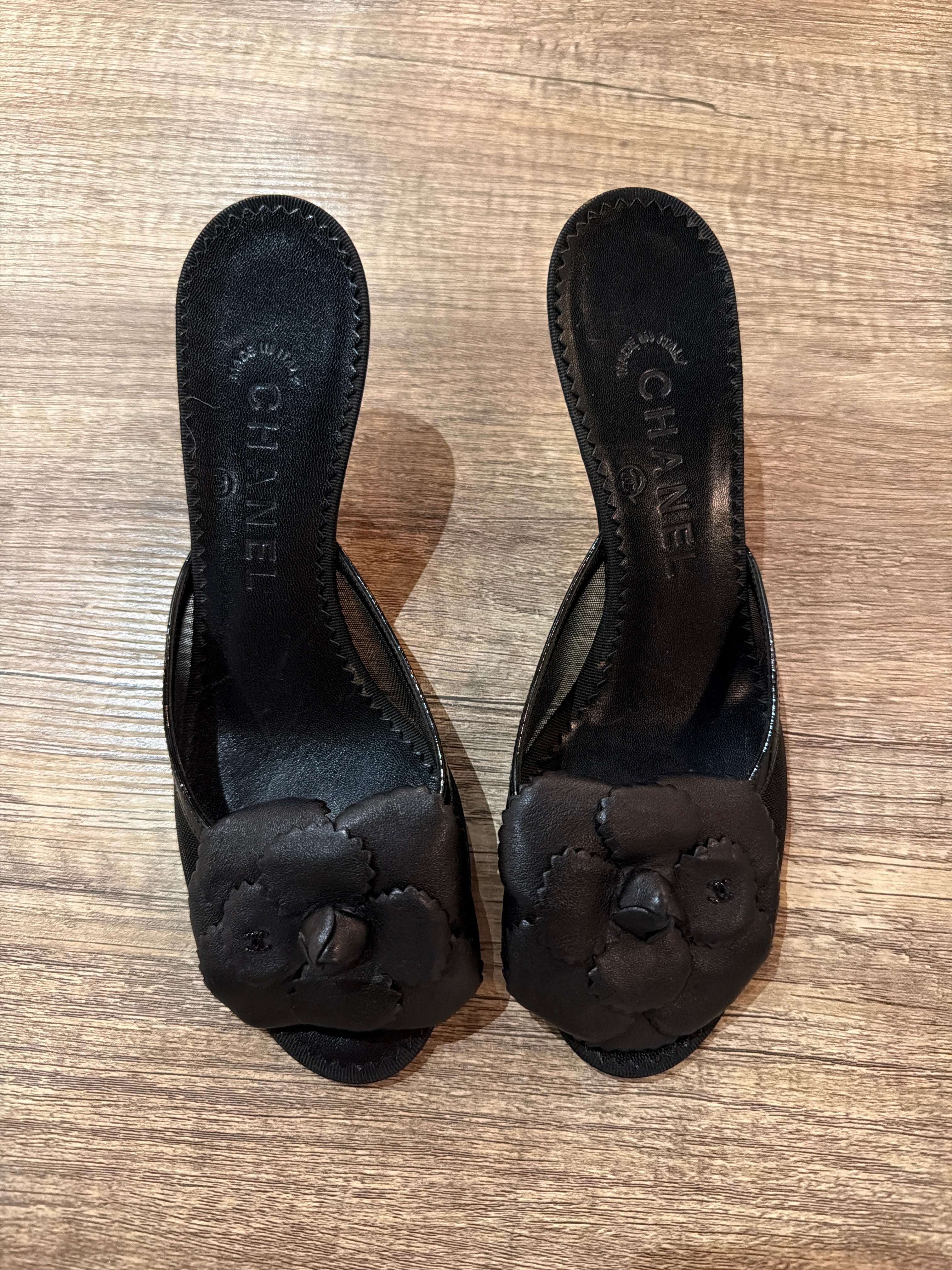 CHANEL Lambskin Mesh Camellia Mules
