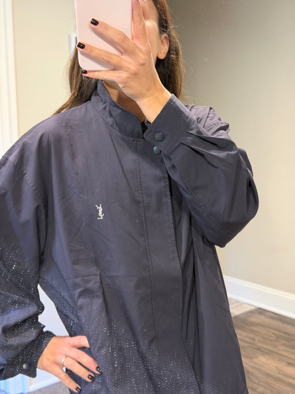 Yves Saint Laurent YSL Navy Black Windbreaker Bomber Jacket with Logo Embroidery