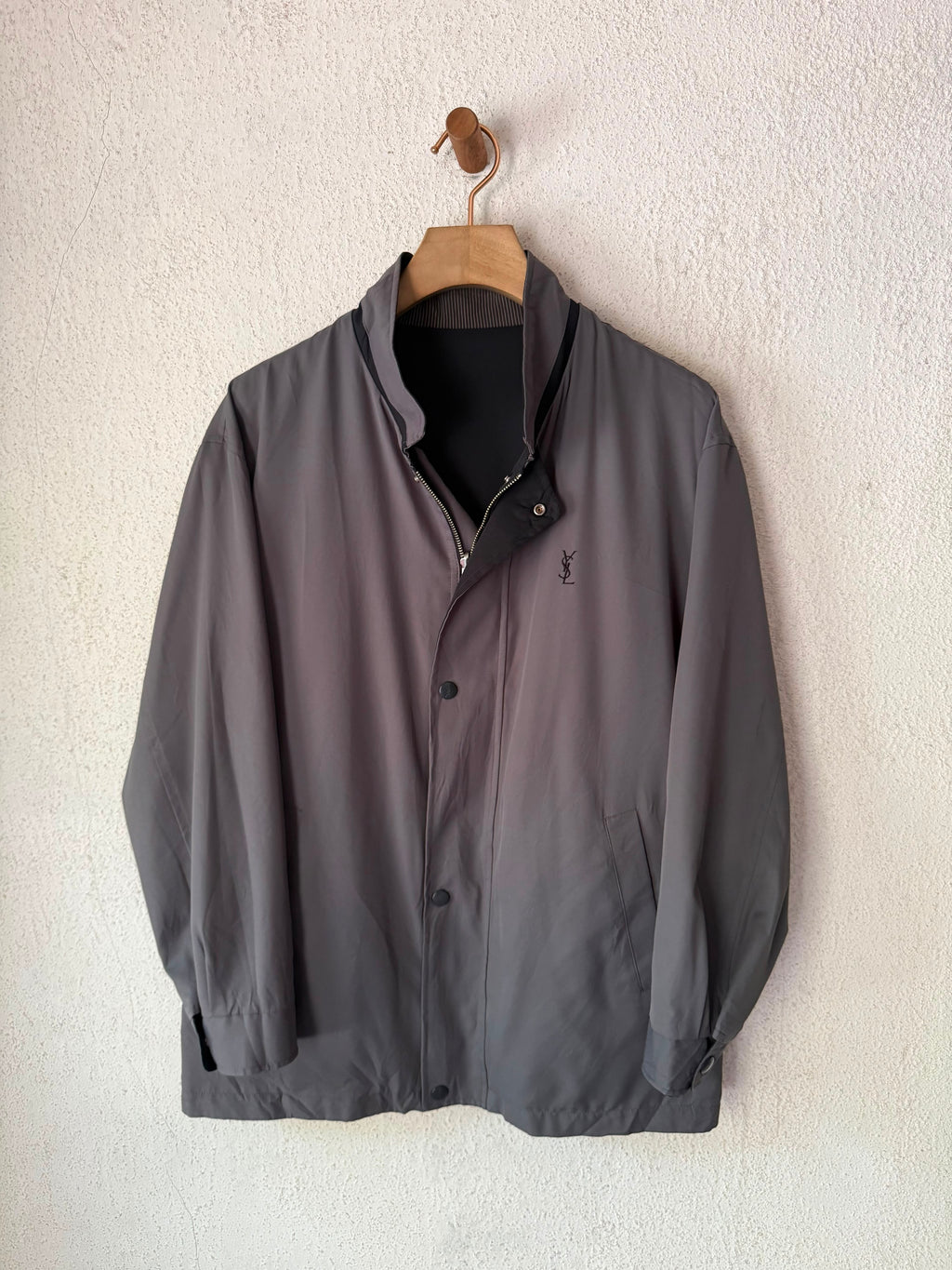 Yves Saint Laurent YSL Vintage Reversible Gray Black Bomber Windbreaker Jacket