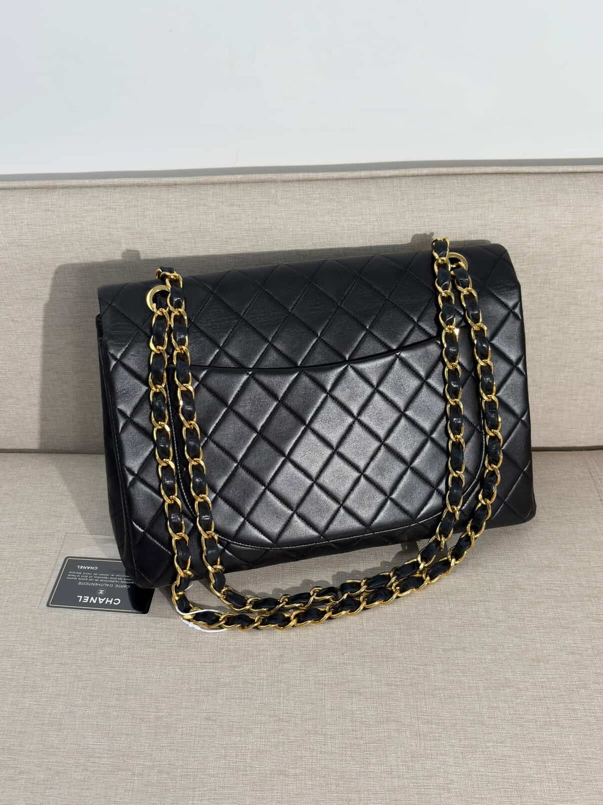 Chanel Maxi Flap Bag Black Quilted Leather 24K Gold Plated CC Vintage 1991-1994