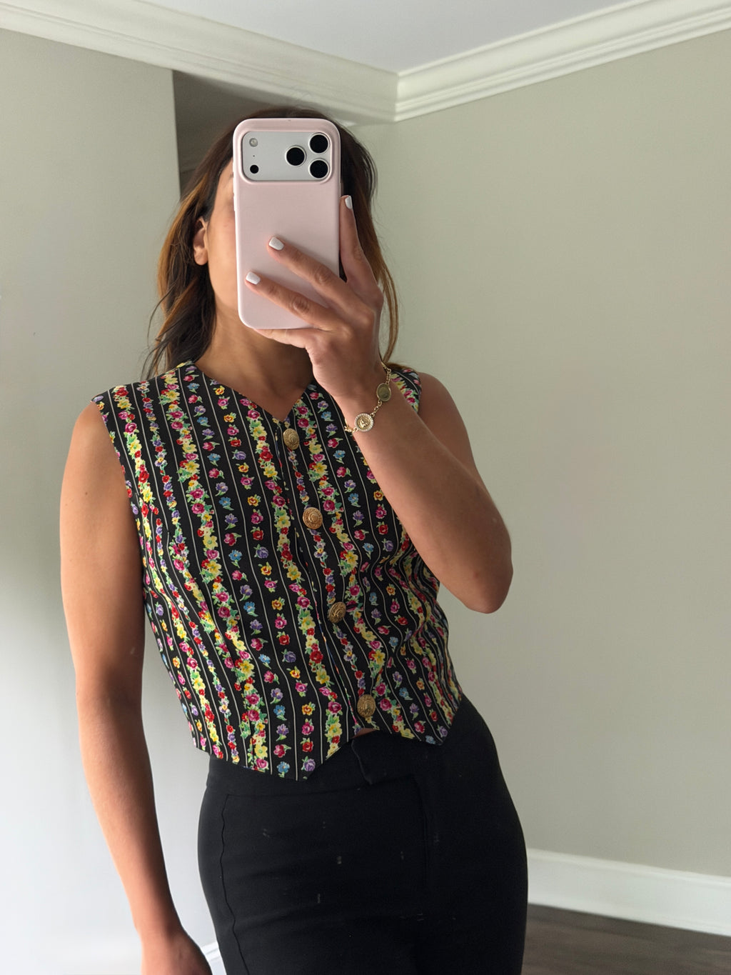 Gianni Versace Vintage 1994 Floral Pinstripe Silk Crop Vest Top | Size S