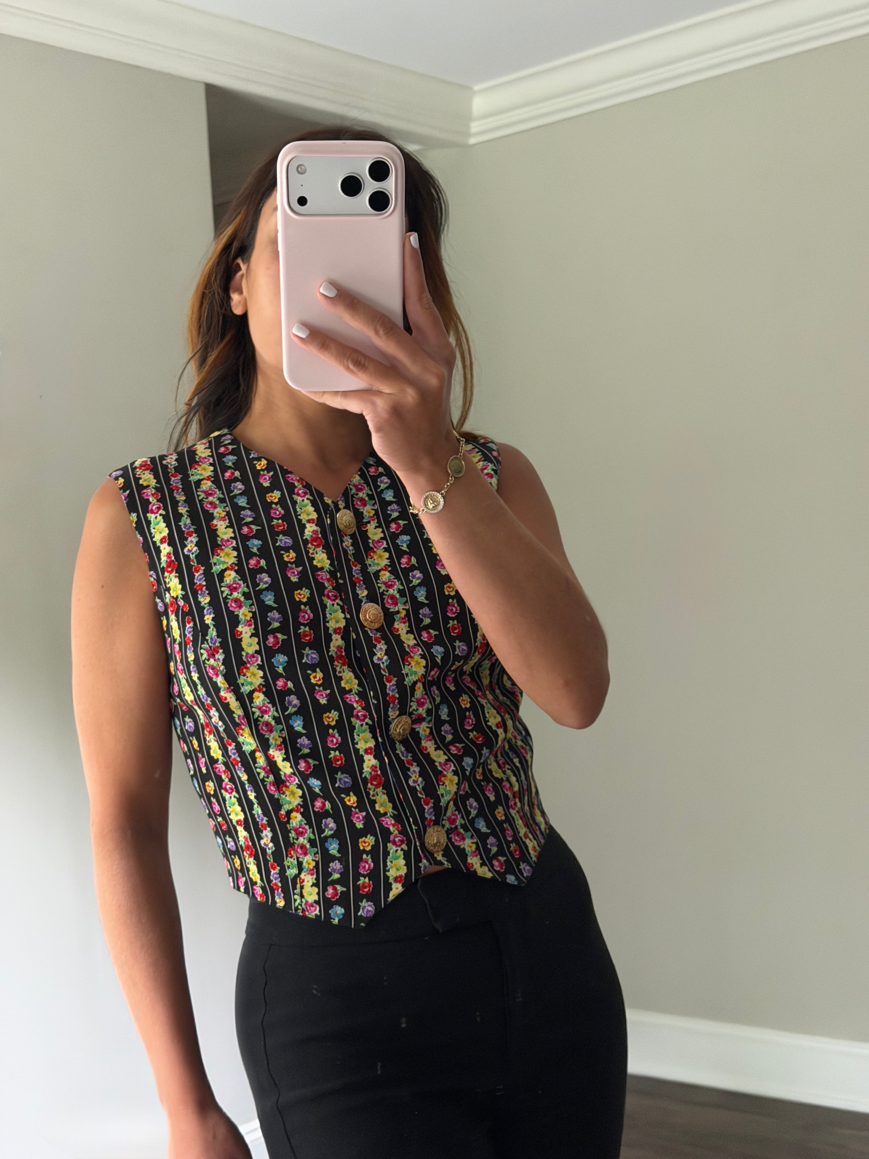 Gianni Versace Vintage 1994 Floral Pinstripe Silk Crop Vest Top | Size S