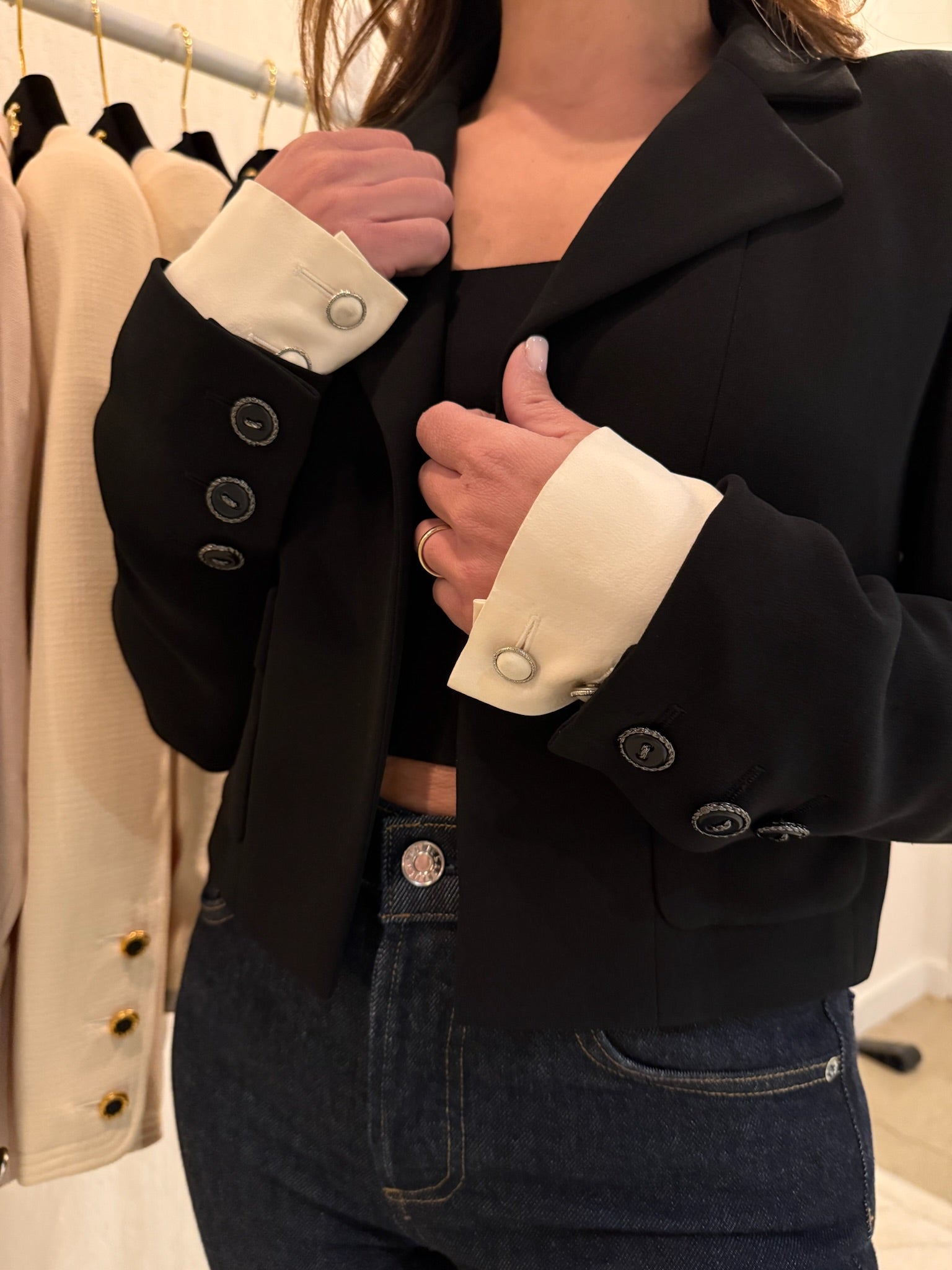 Chanel 2015 Silk Black Runway Blazer with Removable White Sleeves | FR40