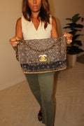 CHANEL 1990s Vintage Bandana Jumbo Flap Bag Black CC Logo 24K Gold Chain Rare