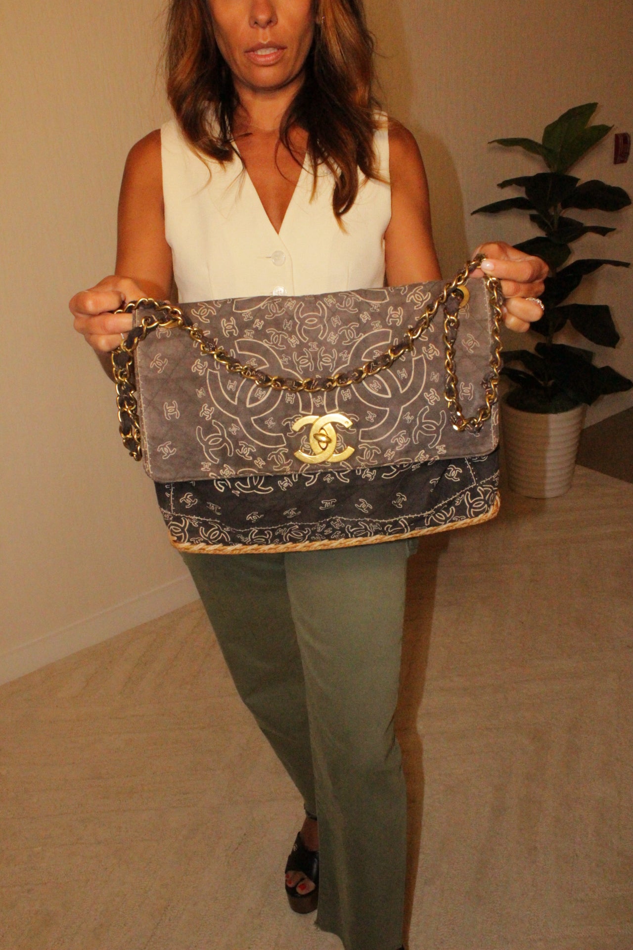 CHANEL 1990s Vintage Bandana Jumbo Flap Bag Black CC Logo 24K Gold Chain Rare