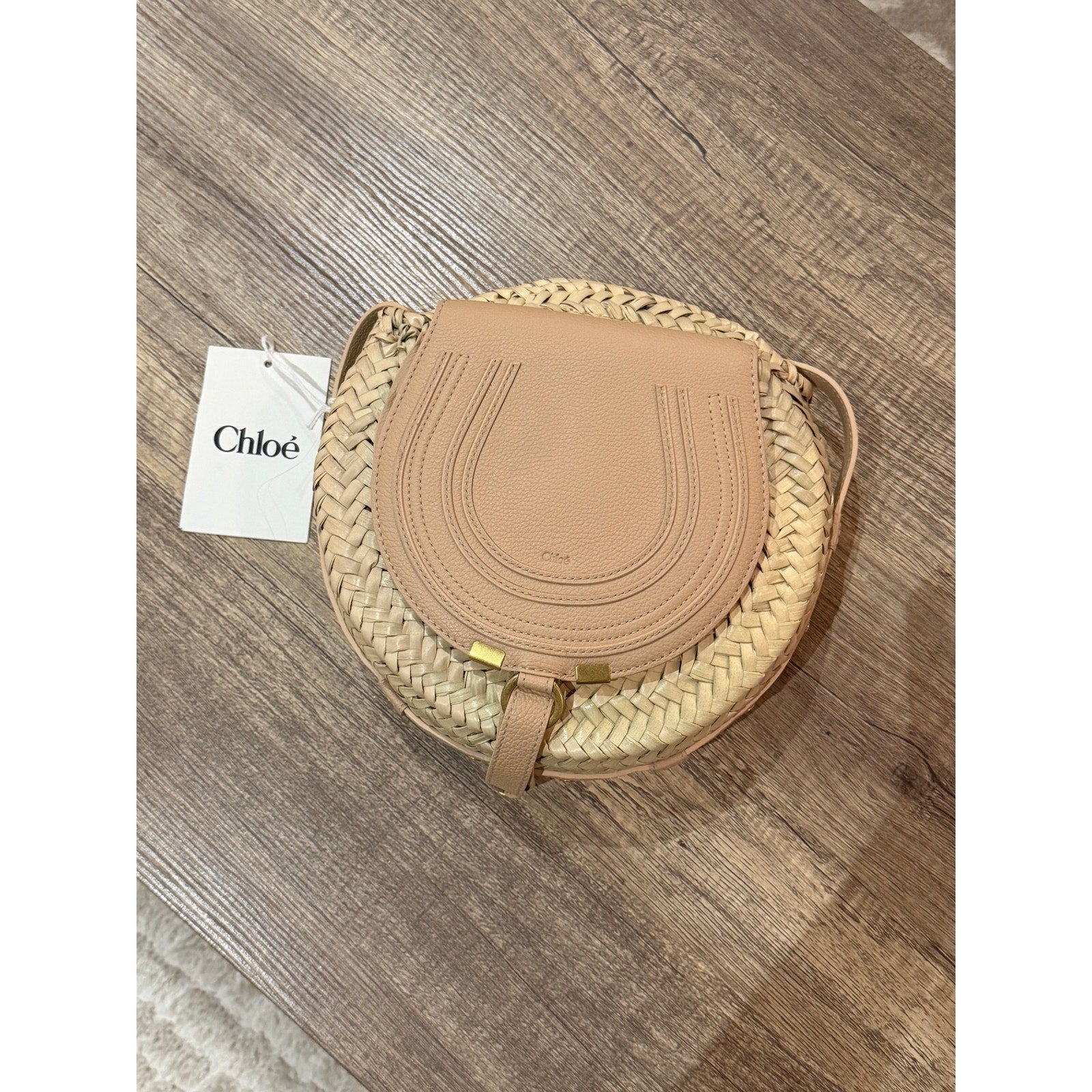 Chloé Marcie Pebbled Leather & Straw Crossbody Bag Natural Gold Hardware NWT