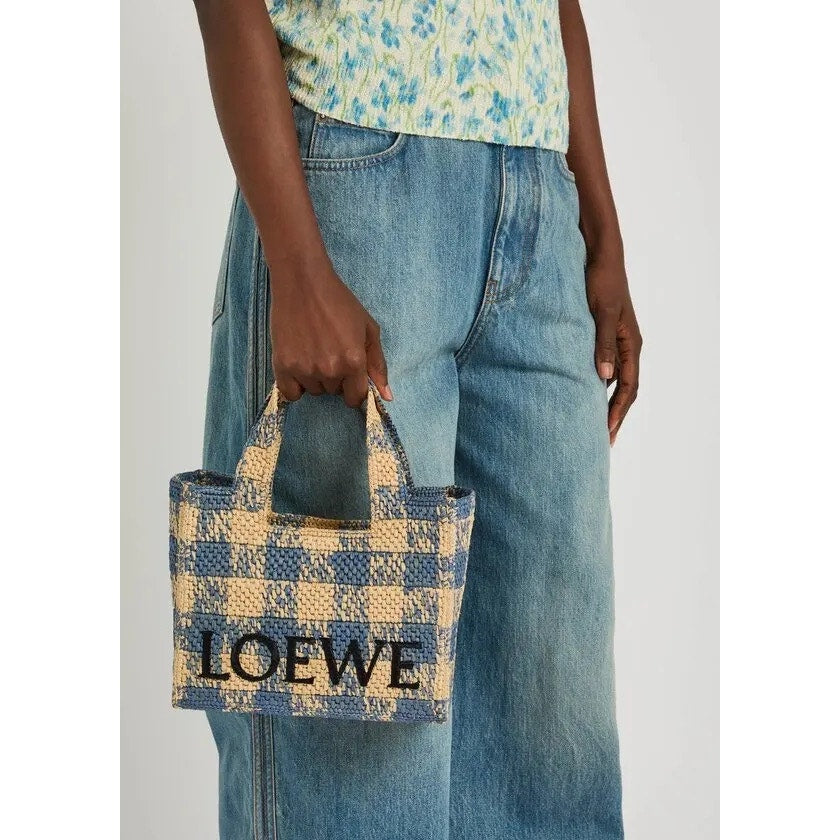 Loewe Paula’s Ibiza Raffia Blue Checked Tote NWT Embroidered Logo