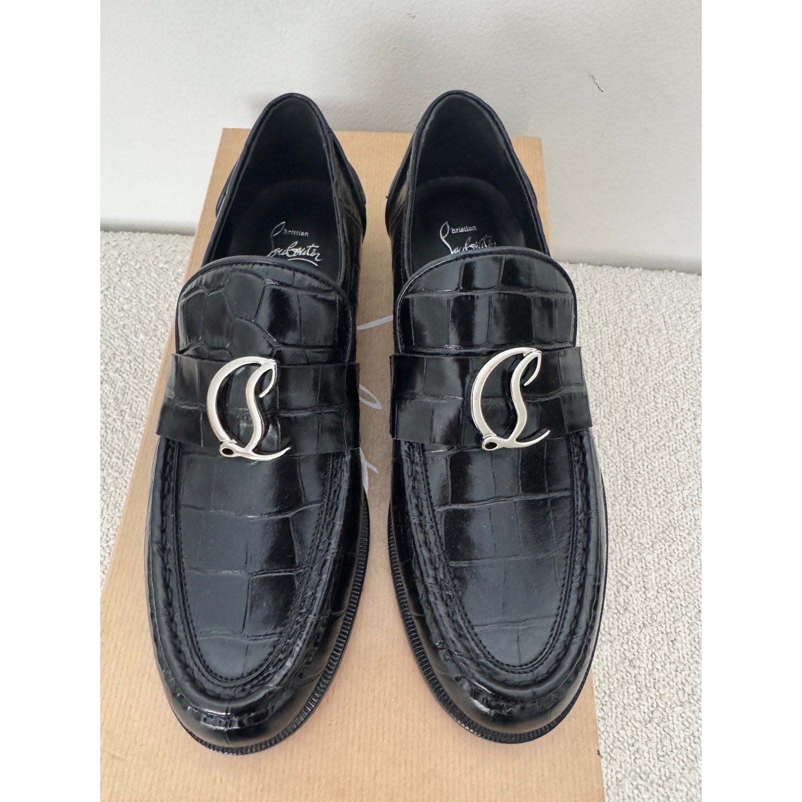 CHRISTIAN LOUBOUTIN CL Moc flat embossed black leather loafers size 38 BNIB