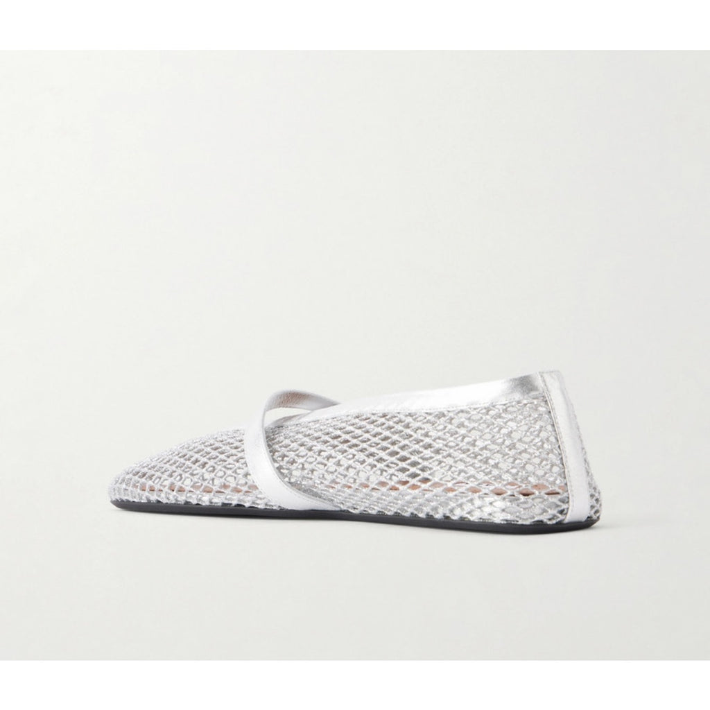 Alaia Metallic Fishnet Mary Jane Flats Silver Argent Size 37 Brand New in Box