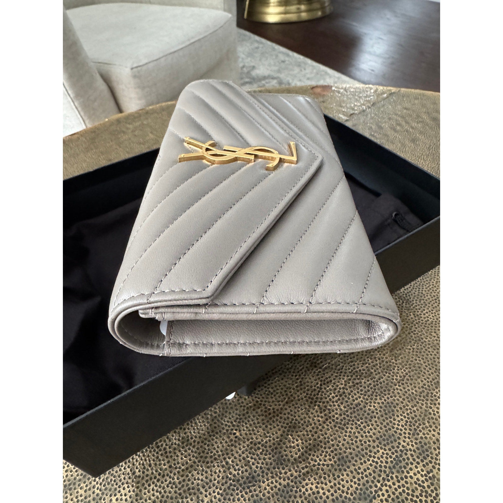 Saint Laurent Cassandra Large Flap Wallet Greyish Brown – Quilted Leather BNIB
