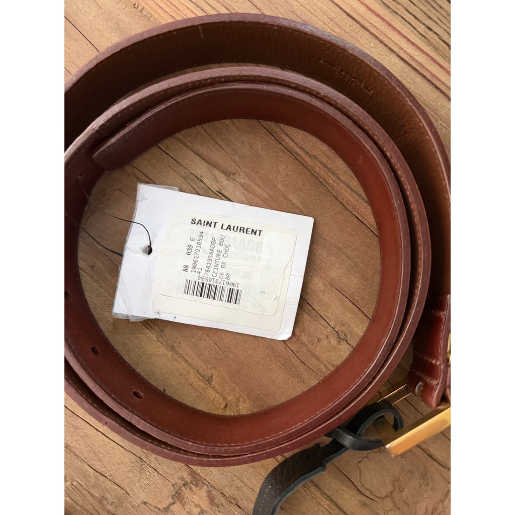 Saint Laurent Cassandre YSL Leather Belt Brown Gold Tone Logo Size 80 Brand NWT