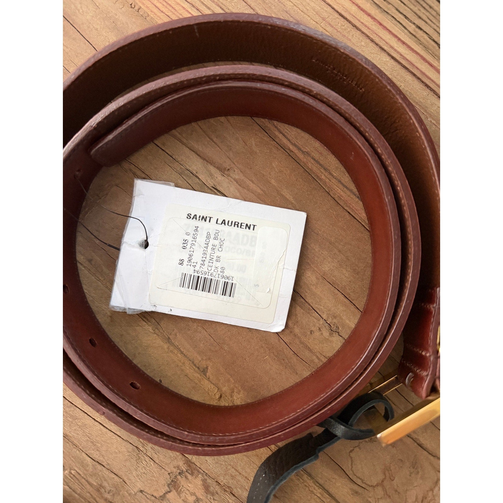 Saint Laurent Cassandre YSL Leather Belt Brown Gold Tone Logo Size 80 Brand NWT