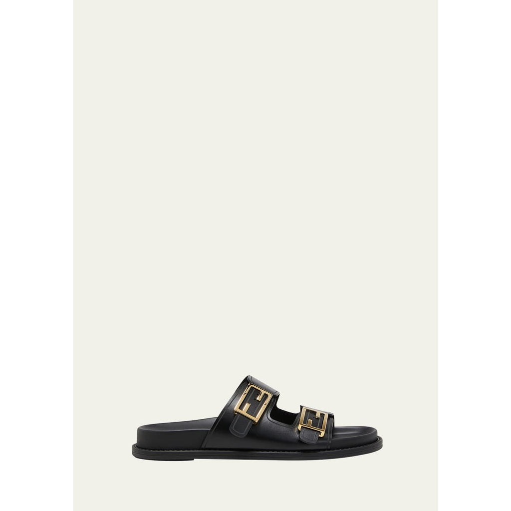 Fendi Feel Double Strap Buckle Black Leather Slides BNIB 39.5