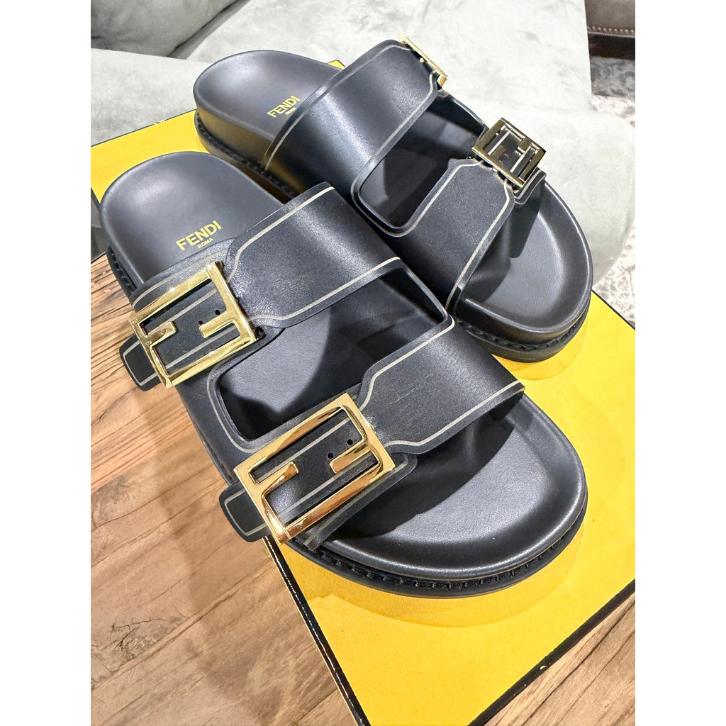 Fendi Feel Double Strap Buckle Black Leather Slides BNIB 37