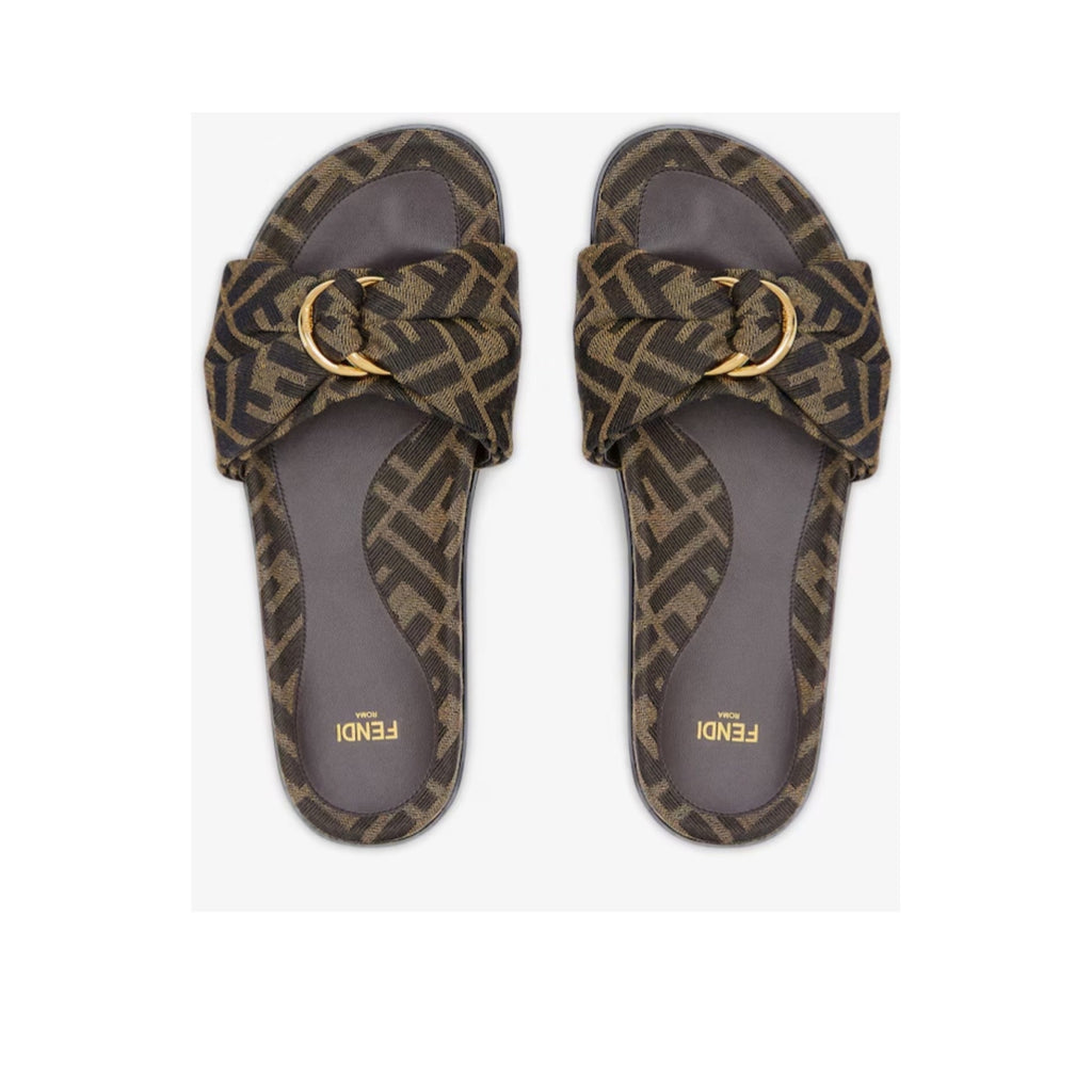Fendi Feel Knotted Slide Sandals Brown FF Logo Satin Slides Size 37 Brand New in Box