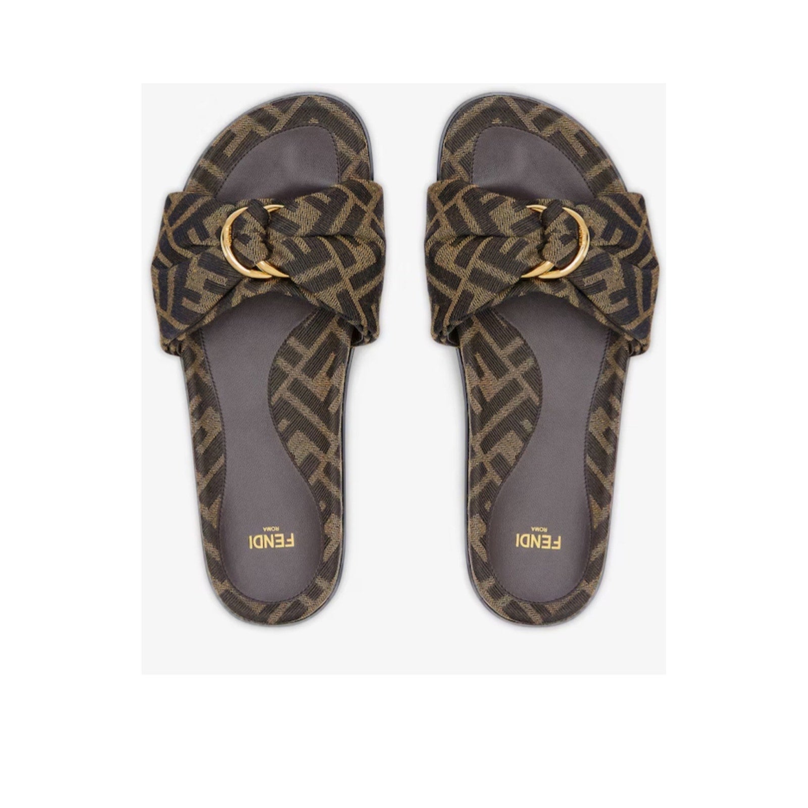 Fendi Feel Knotted Slide Sandals Brown FF Logo Satin Slides Size 37 Brand New in Box