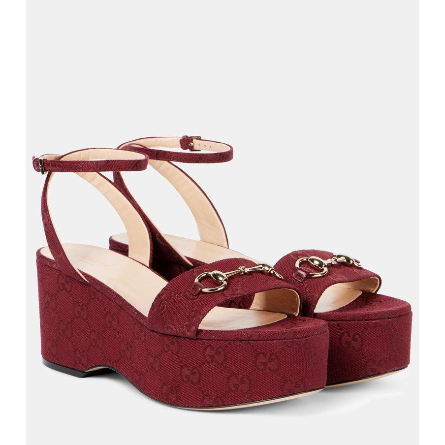 Gucci Lady Horsebit Burgundy GG Canvas Platform Wedge Sandals Size 39