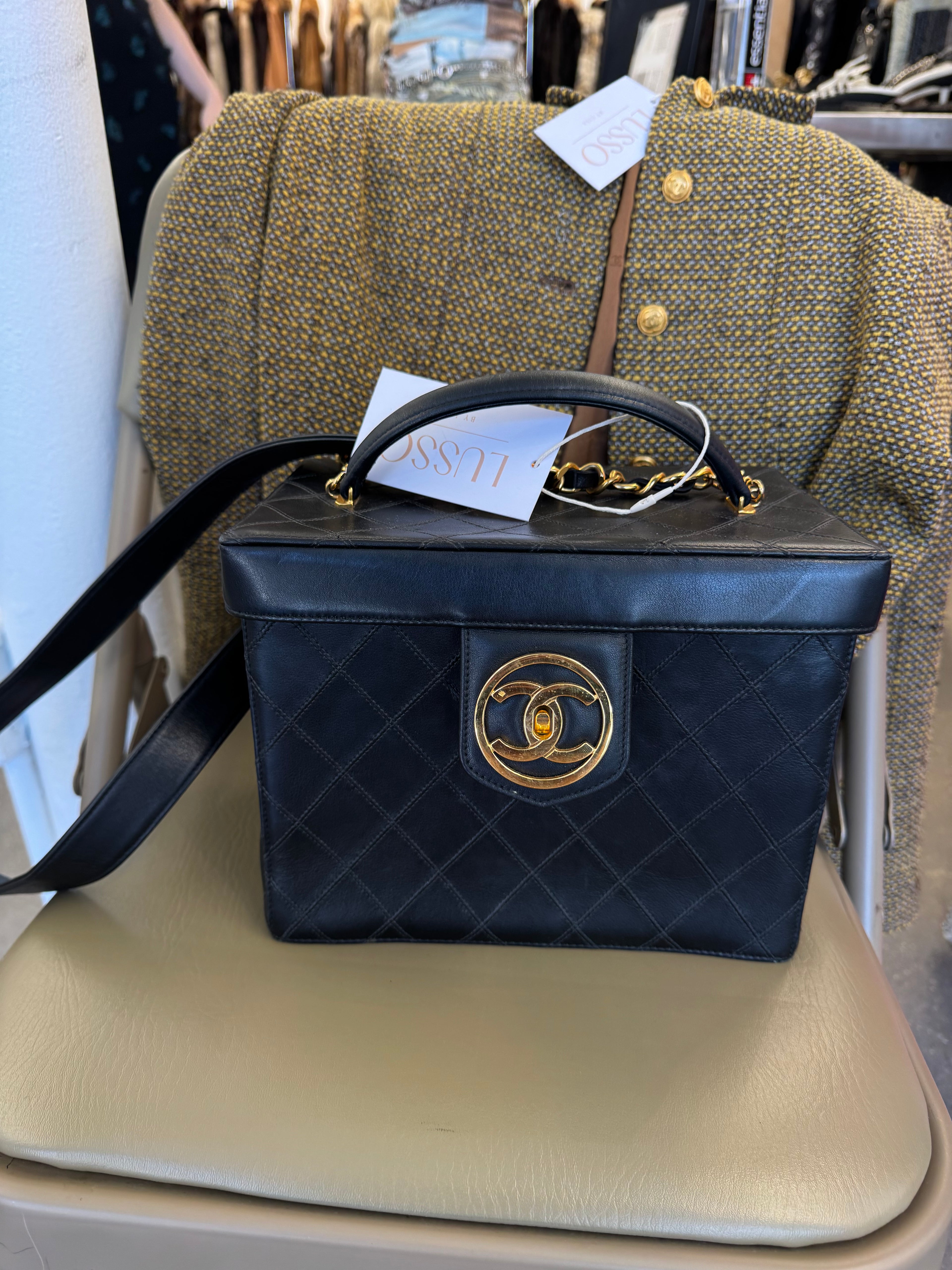 Chanel 90’s Black Lambskin Square Camera Vanity Bag with Strap
