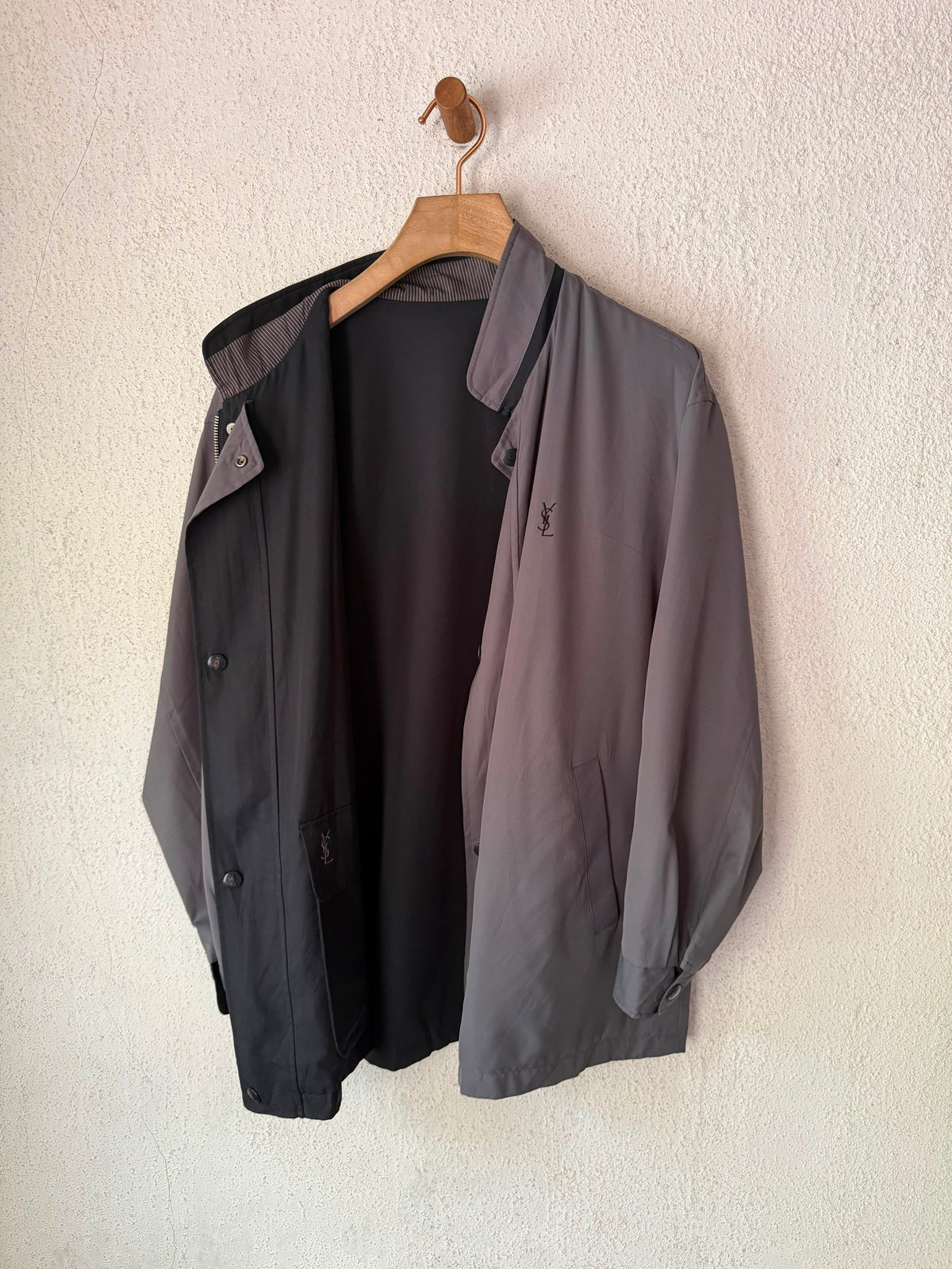 Yves Saint Laurent YSL Vintage Reversible Gray Black Bomber Windbreaker Jacket