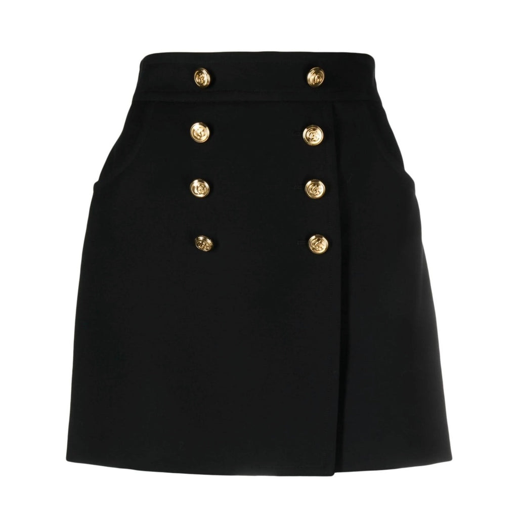 Gucci Black Crepe Button Skirt IT 36 NWT Gold Button Wool Silk Mini