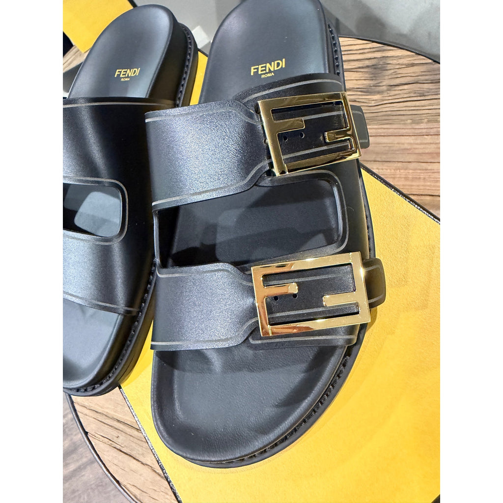 Fendi Feel Double Strap Buckle Black Leather Slides BNIB 39.5