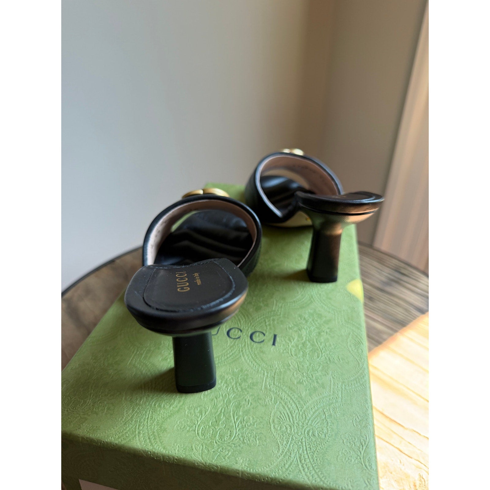 Gucci Double G Leather Sandals Black Gold GG Logo Heel Slides Size 35.5 BNIB