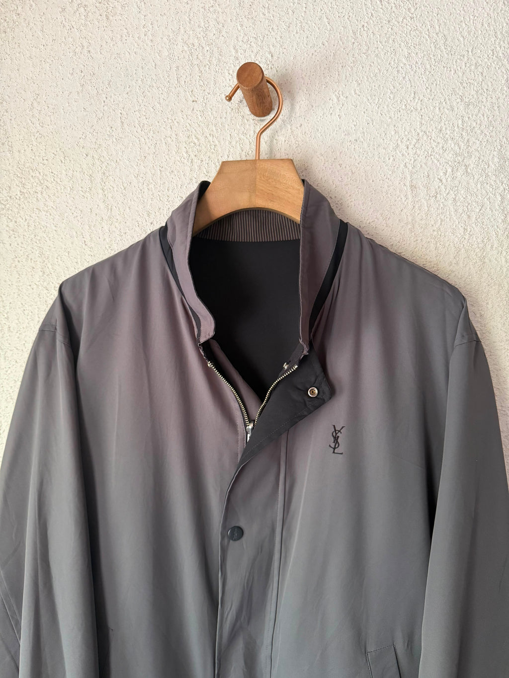 Yves Saint Laurent YSL Vintage Reversible Gray Black Bomber Windbreaker Jacket