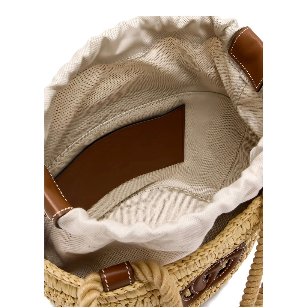 Gucci Mini GG Logo Woven Straw Bucket Bag Beige Brown Leather NWT