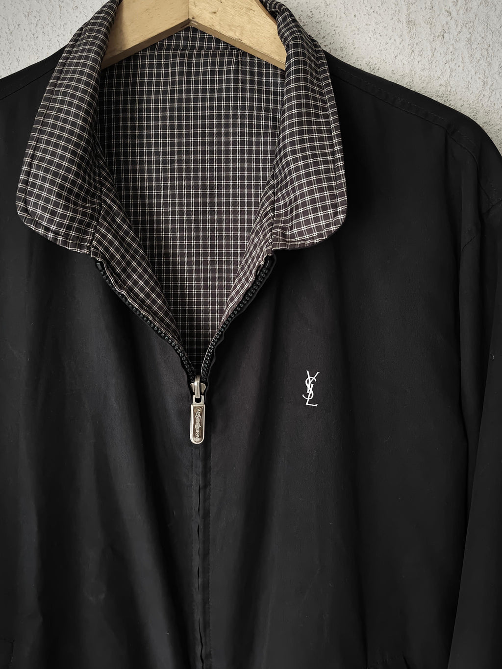 Yves Saint Laurent Vintage YSL Reversible Black Checkered Windbreaker Bomber Jacket Size 100