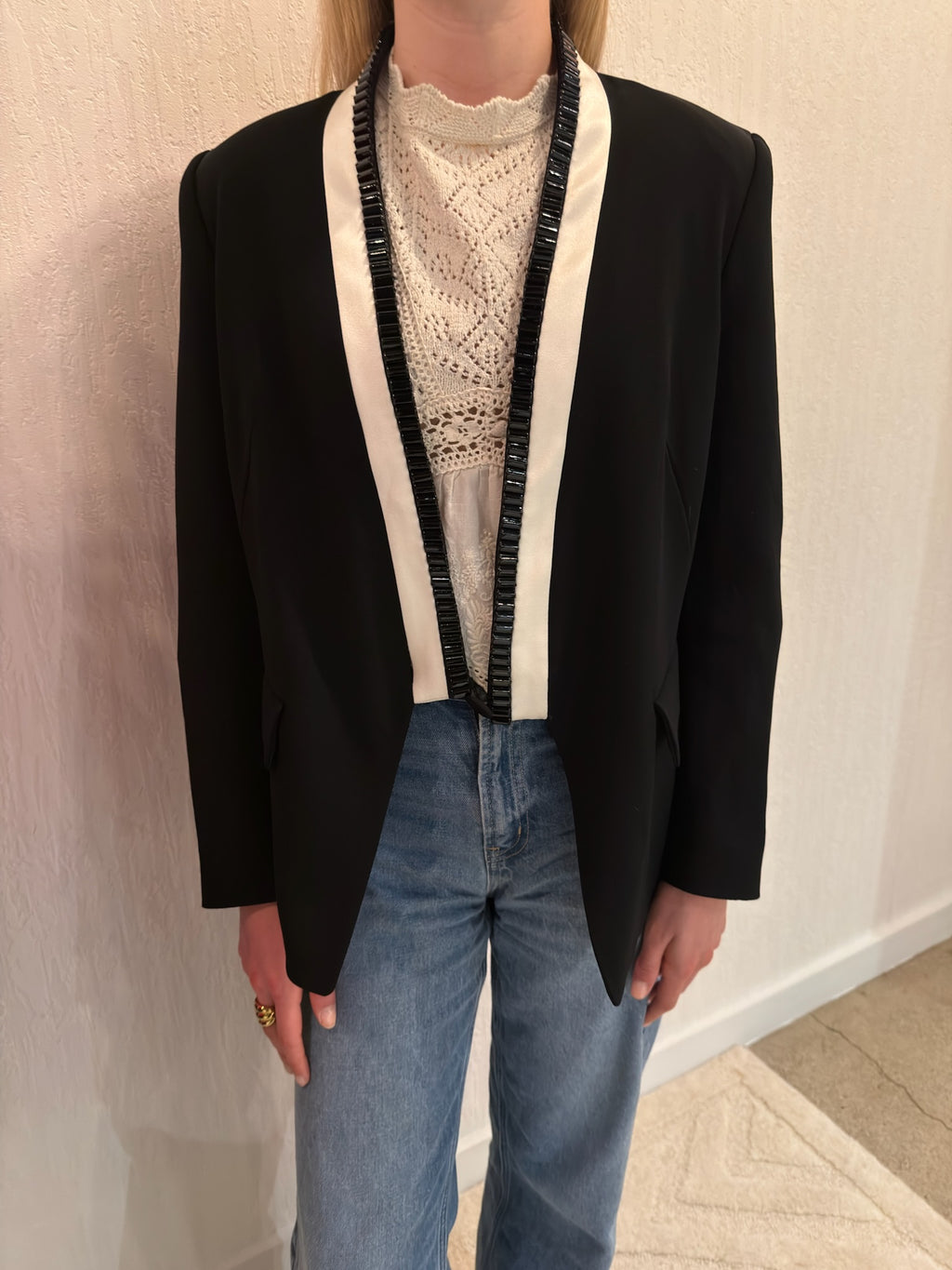 Escada Black & White Beaded Tuxedo Blazer Jacket DE 36