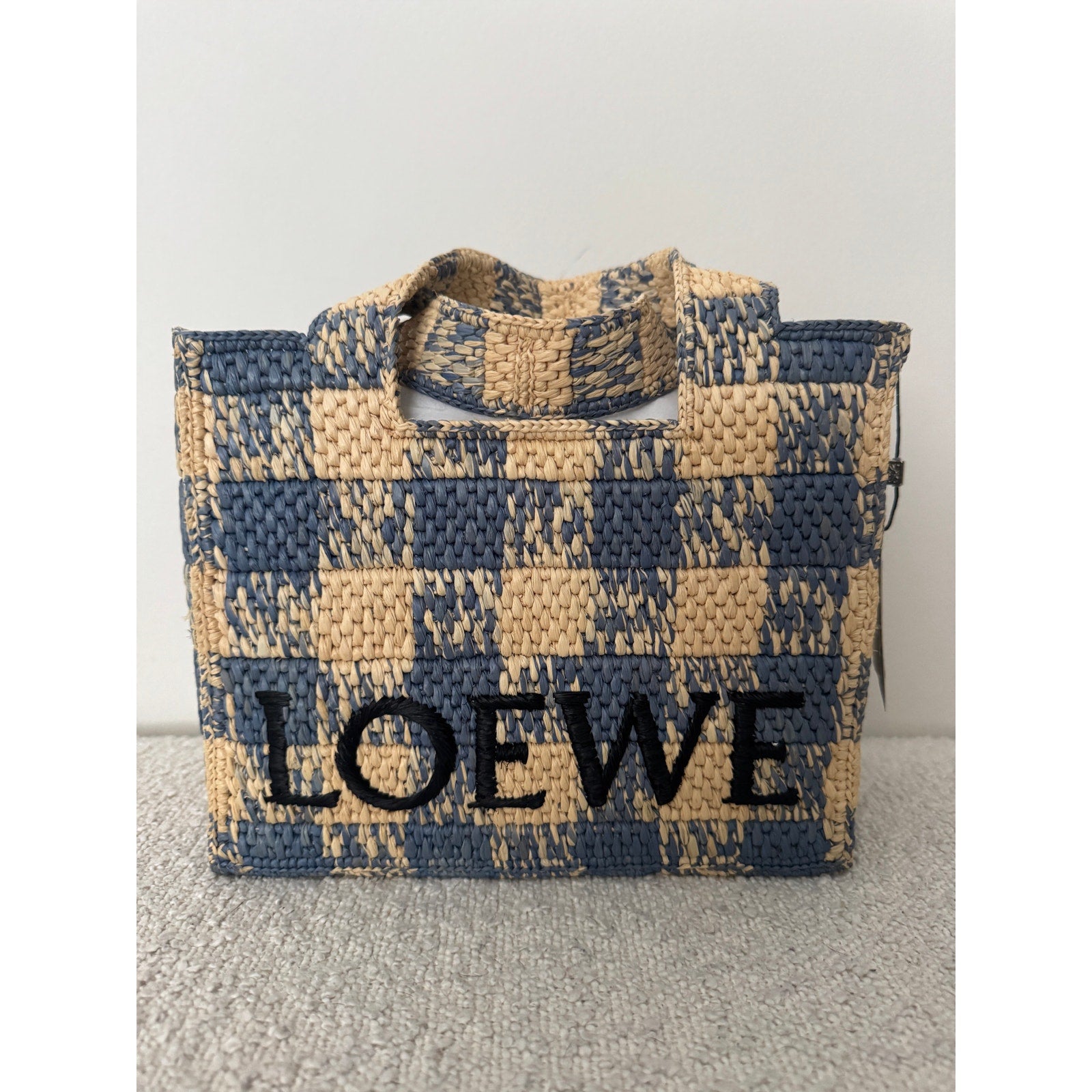 Loewe Paula’s Ibiza Raffia Blue Checked Tote NWT Embroidered Logo