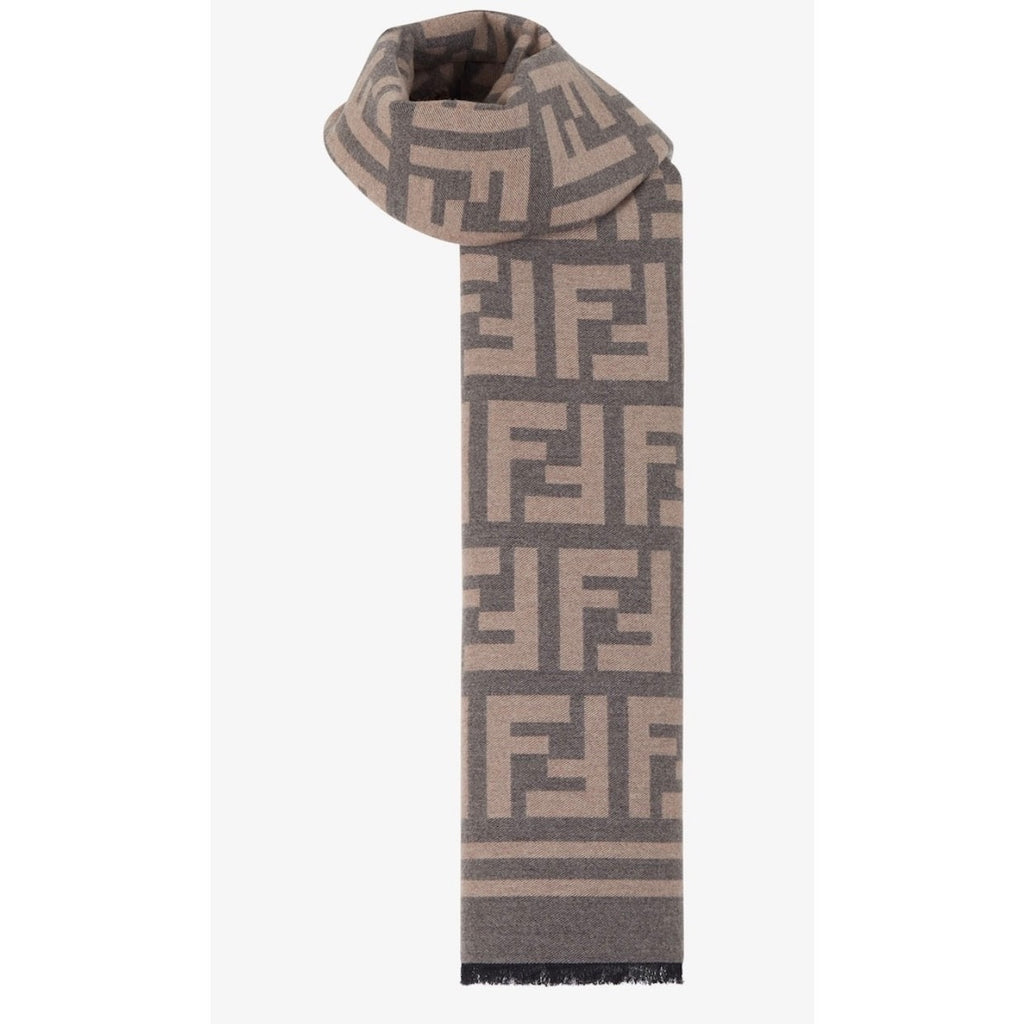 FENDI Gray & Sand Wool Silk FF Motif Scarf NWT Fringe Wrap 180x35cm (71x14in)
