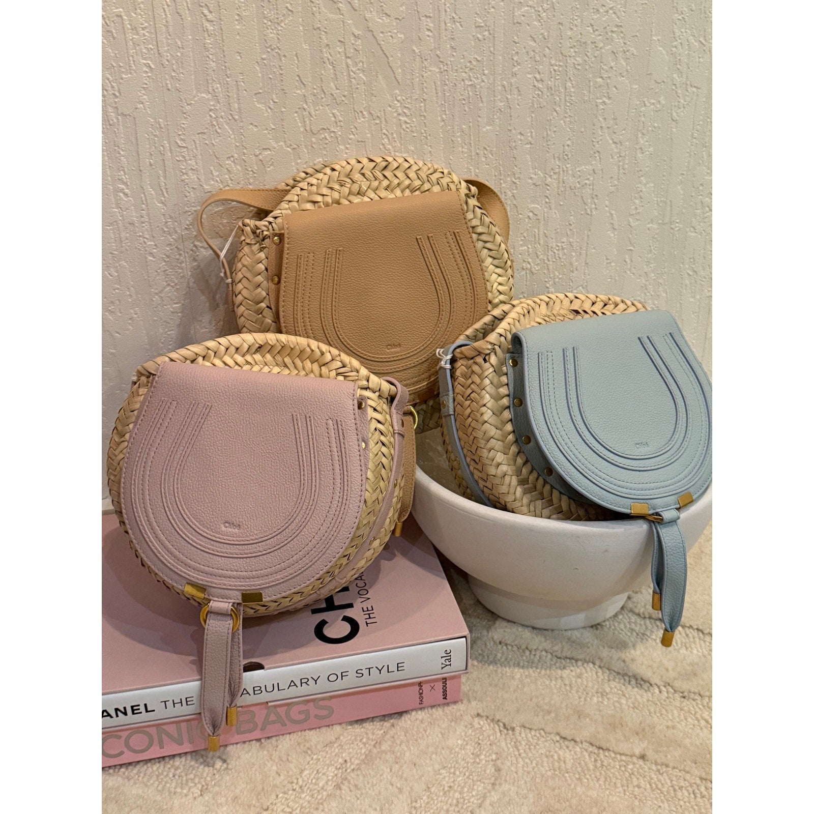 Chloé Marcie Pebbled Leather & Straw Crossbody Bag Pastel Pink Gold Hardware NWT