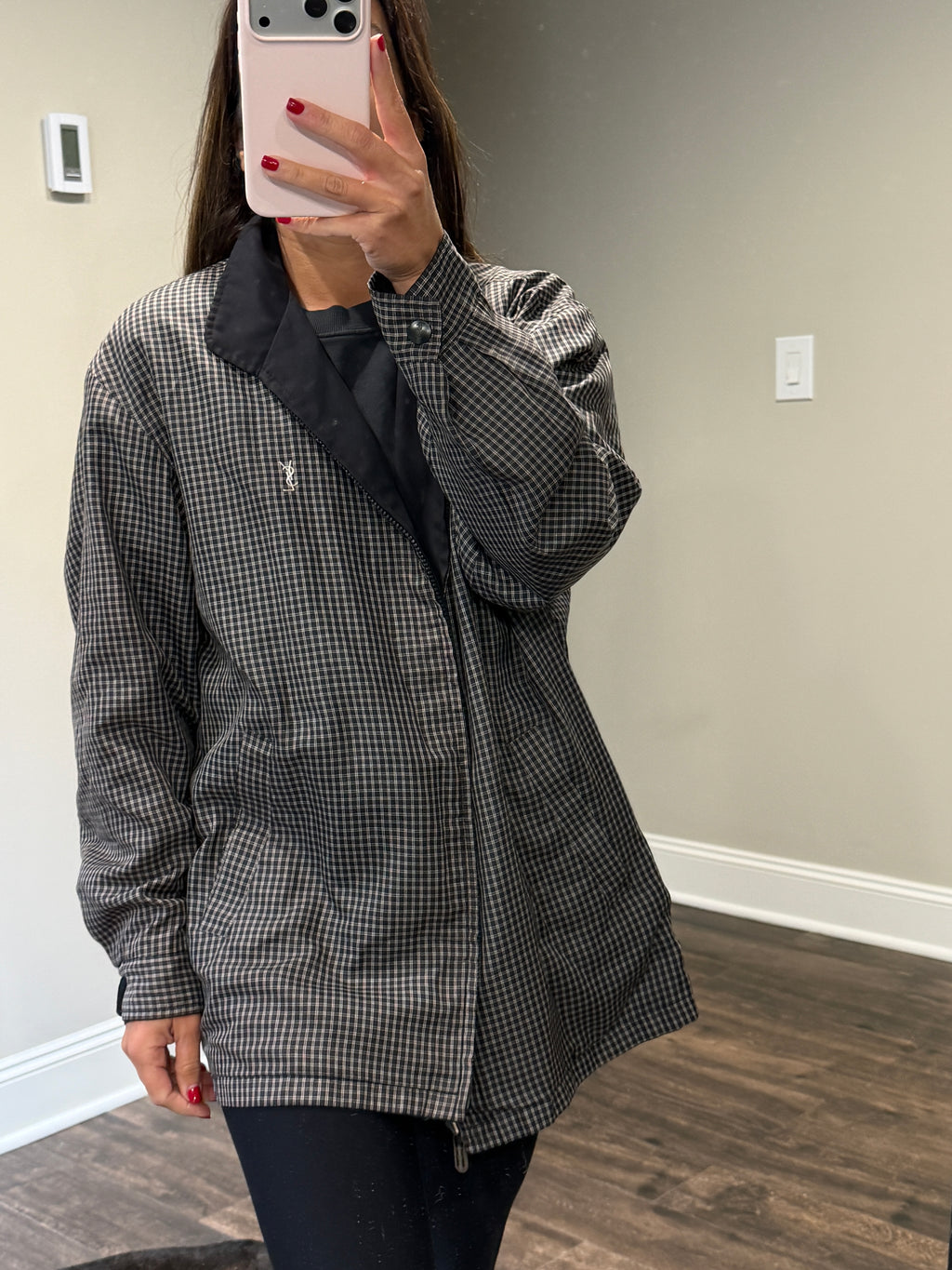 Yves Saint Laurent Vintage YSL Reversible Black Checkered Windbreaker Bomber Jacket Size 100