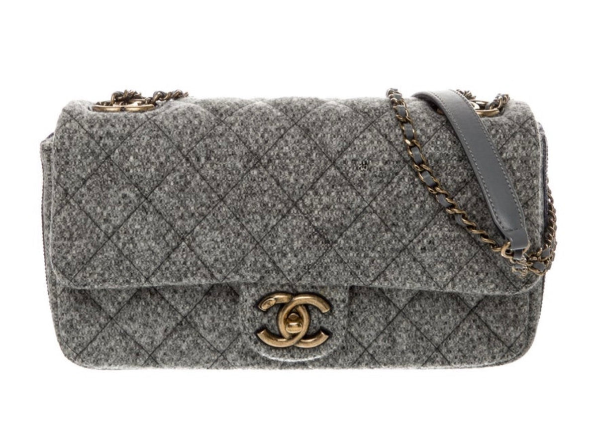 Chanel 2015–2016 Salzburg Collection Grey Quilted Wool Flap Bag with CC Chain Detail