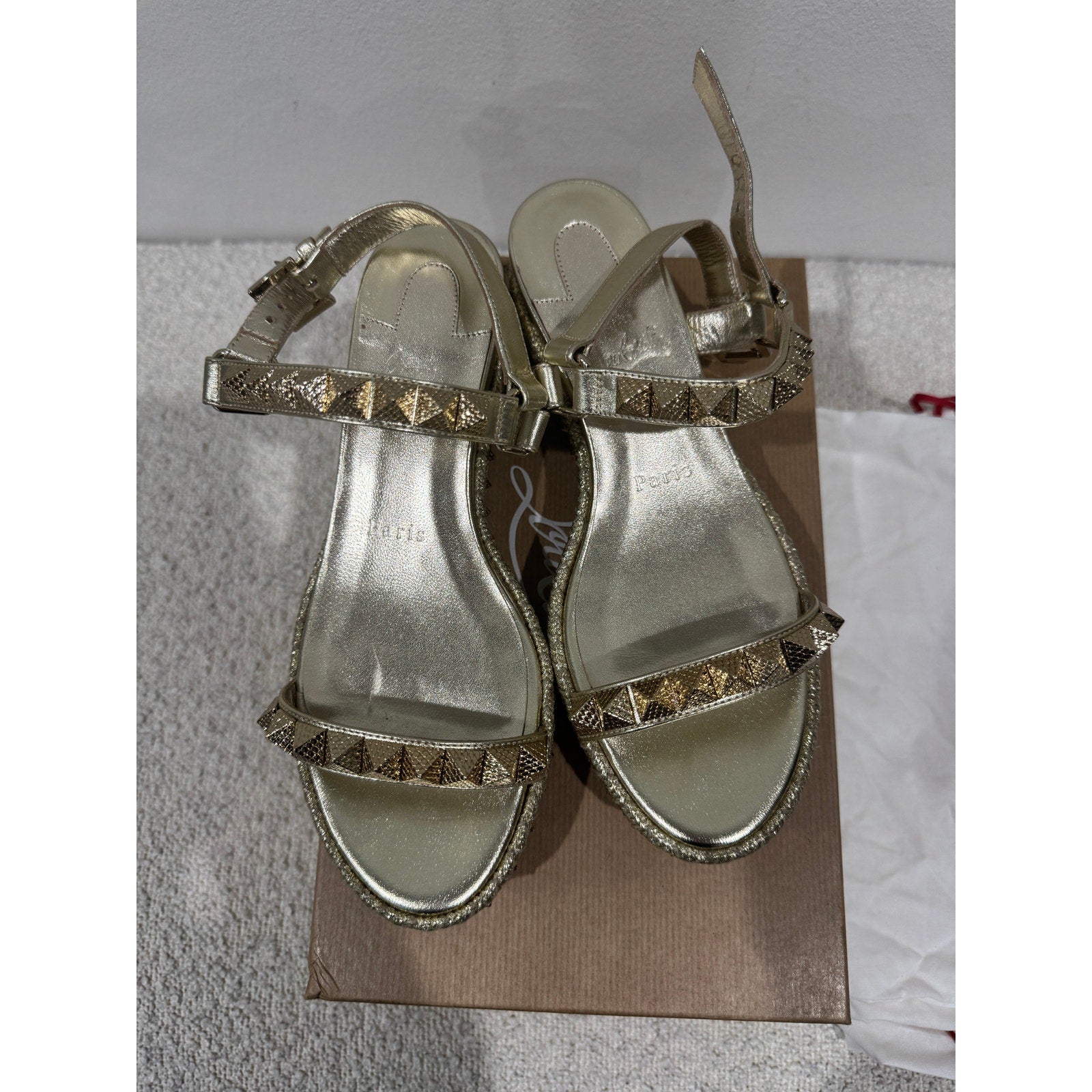 Christian Louboutin Pyraclou 60 Silver Spiked Wedge Sandals Size 36 BNIB