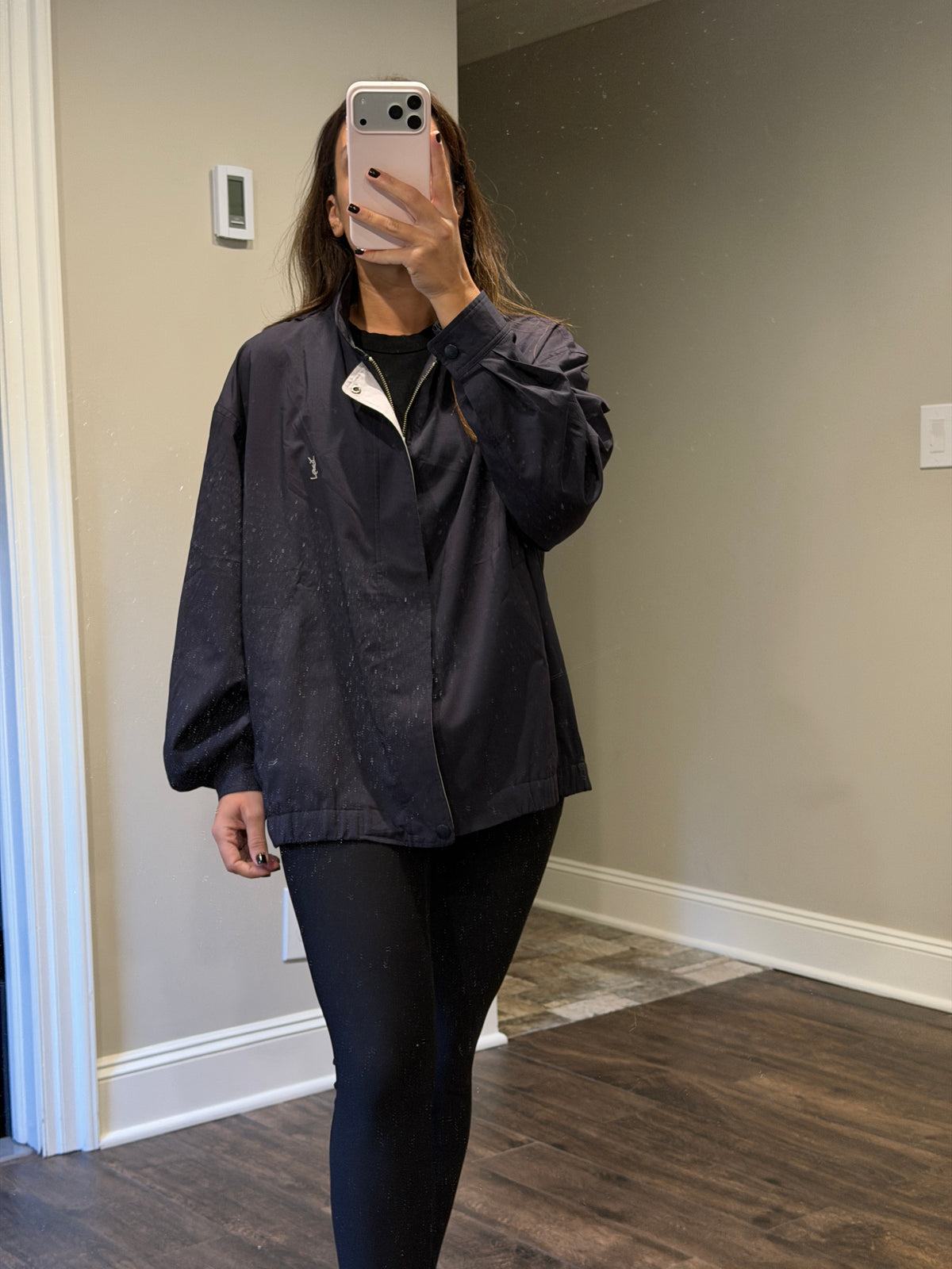 Yves Saint Laurent YSL Navy Black Windbreaker Bomber Jacket with Logo Embroidery
