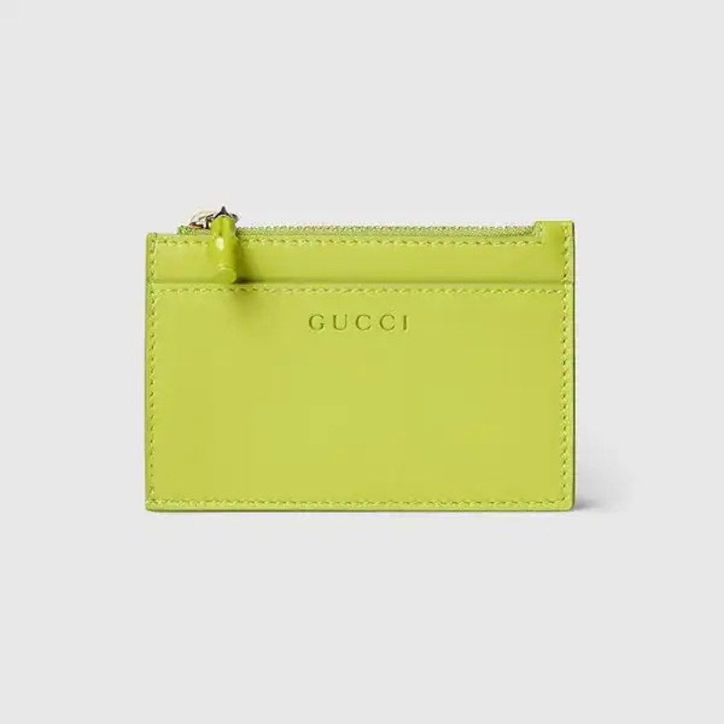 Gucci Bamboo Leather Card Case Green Zip Wallet BNIB