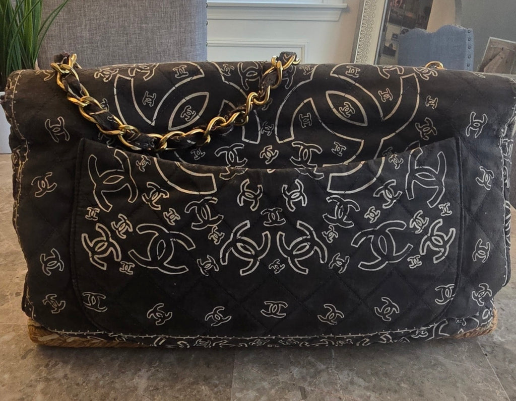 CHANEL 1990s Vintage Bandana Jumbo Flap Bag Black CC Logo 24K Gold Chain Rare