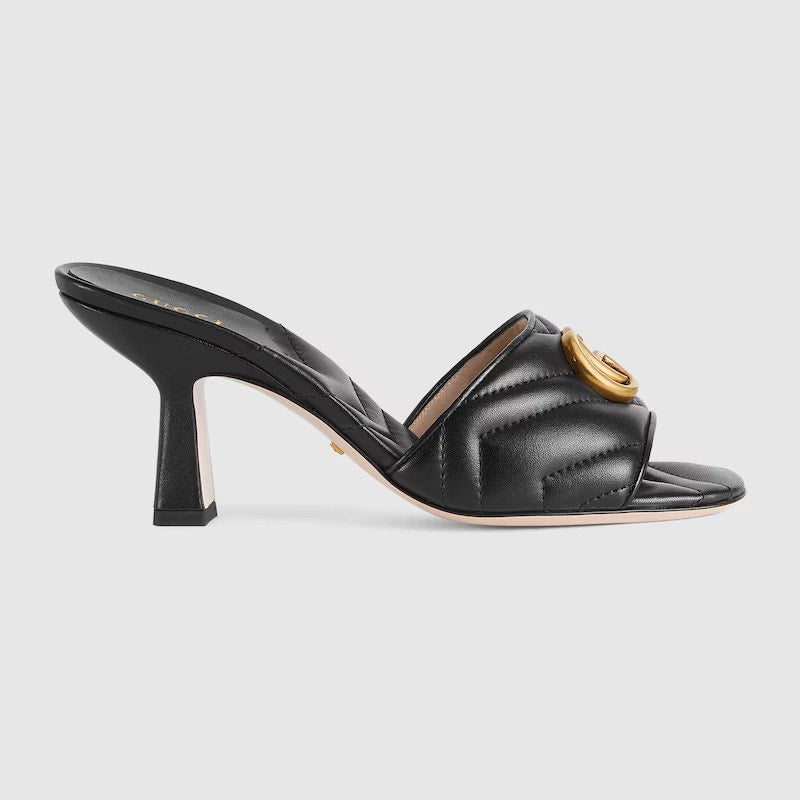 Gucci Double G Leather Sandals Black Gold GG Logo Heel Slides Size 35.5 BNIB