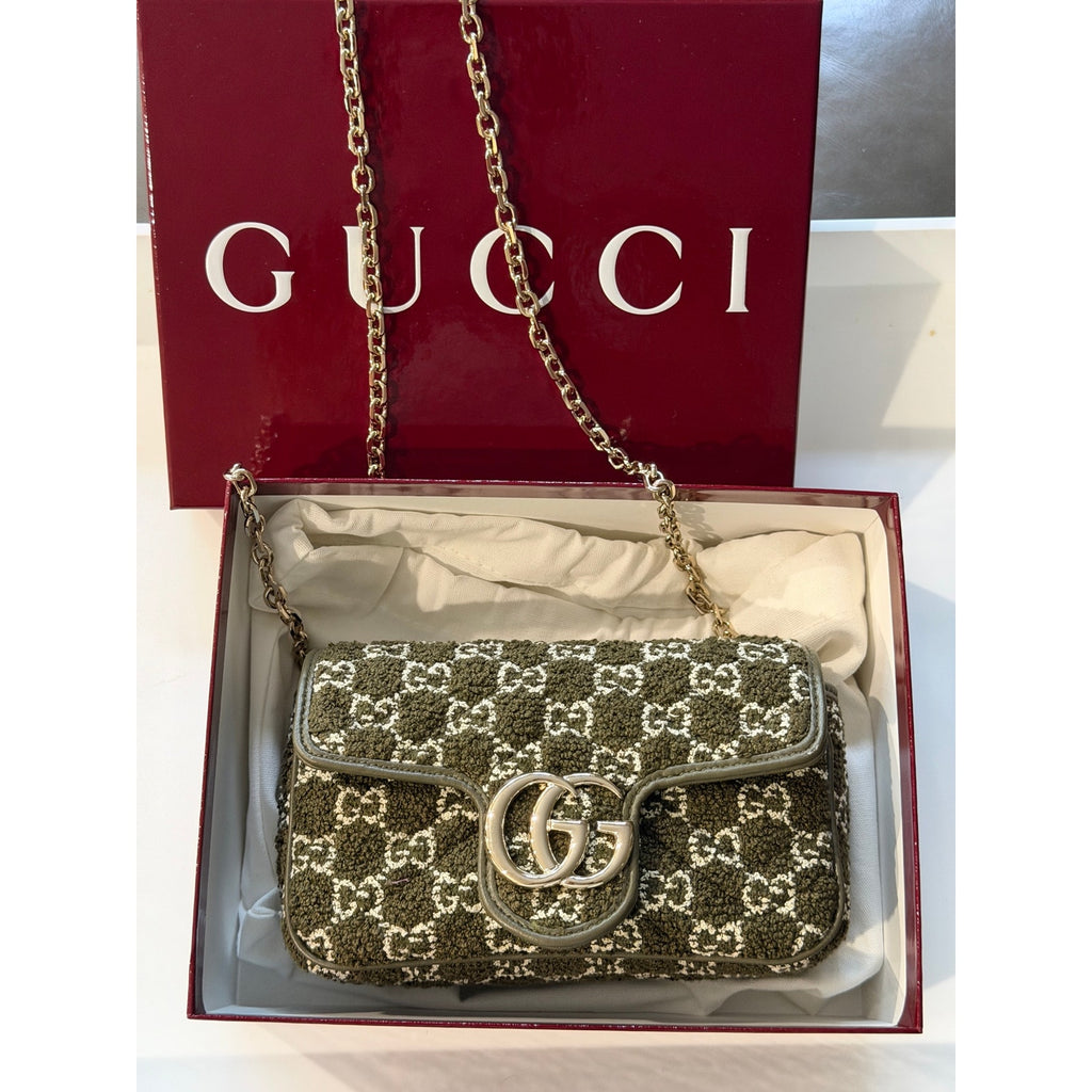 Gucci GG Marmont Bouclé Tweed Mini Flap Shoulder Bag Green Brand New in box