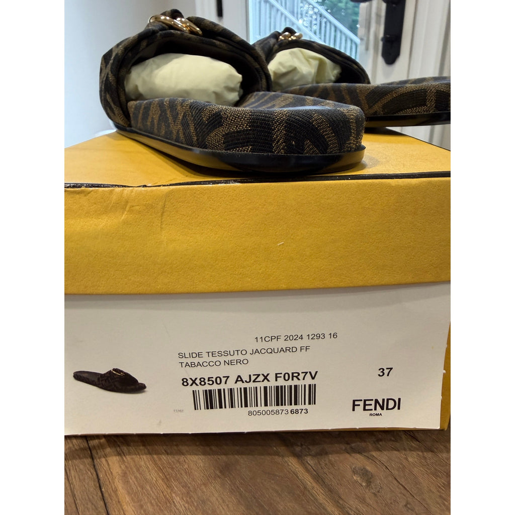 Fendi Feel Knotted Slide Sandals Brown FF Logo Satin Slides Size 37 Brand New in Box