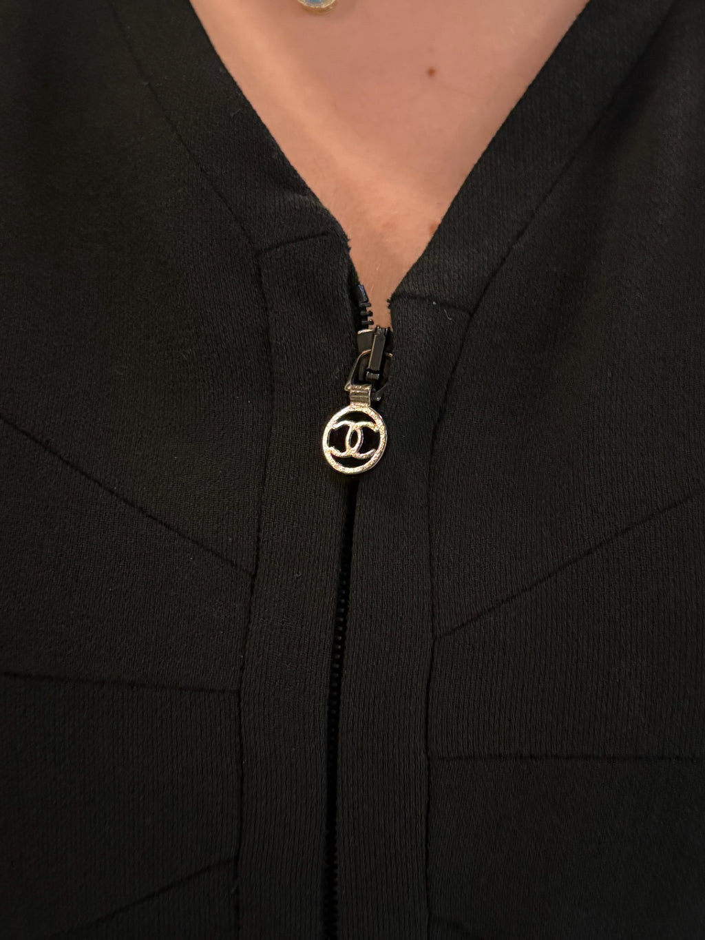 Chanel Black Wool Silk Blend Midi Dress FR 40 | CC Logo Zipper Pull