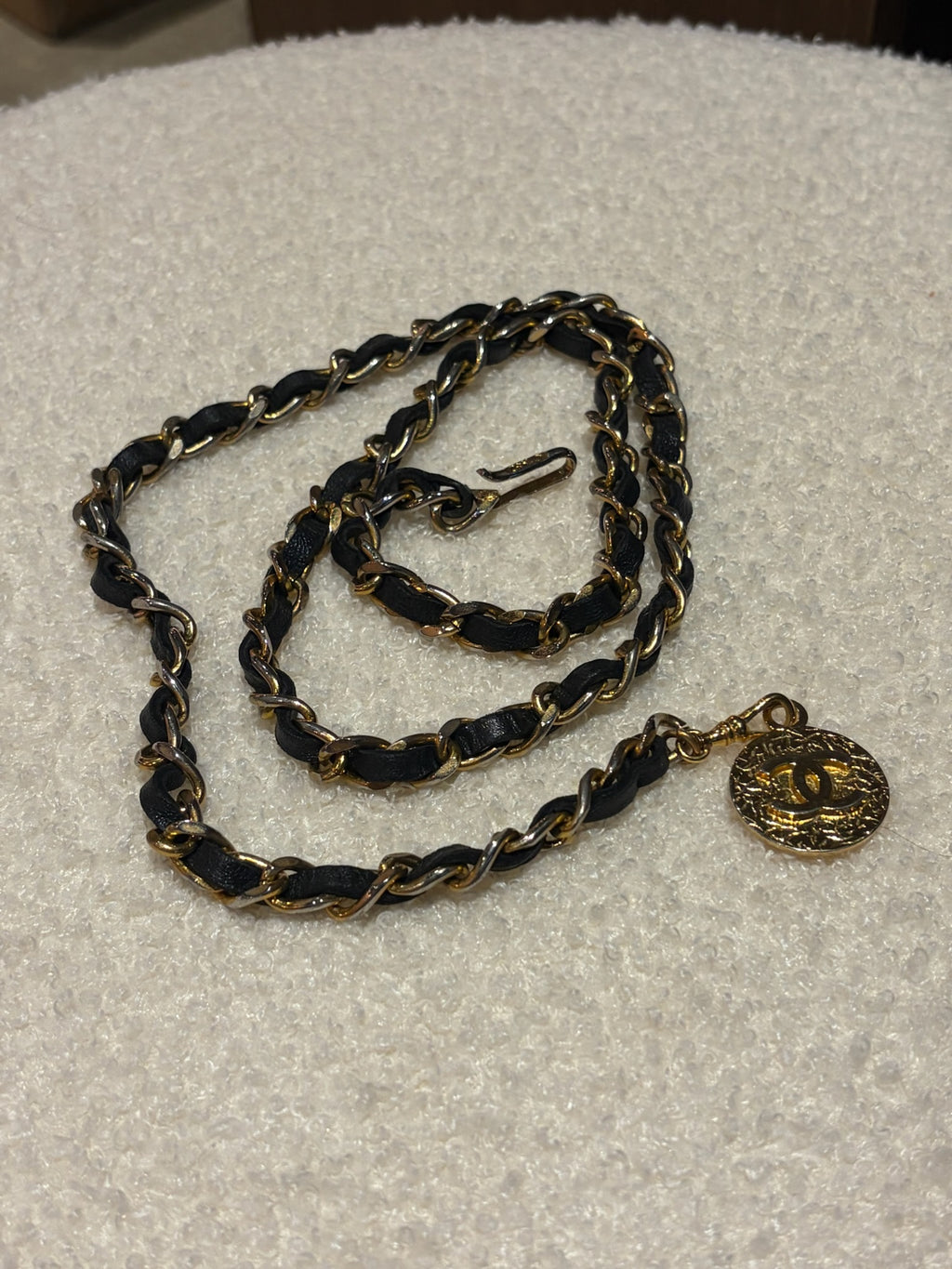 Chanel Leather Woven Chain Strap Necklace Belt Gold Tone Black Leather Medallion Charm
