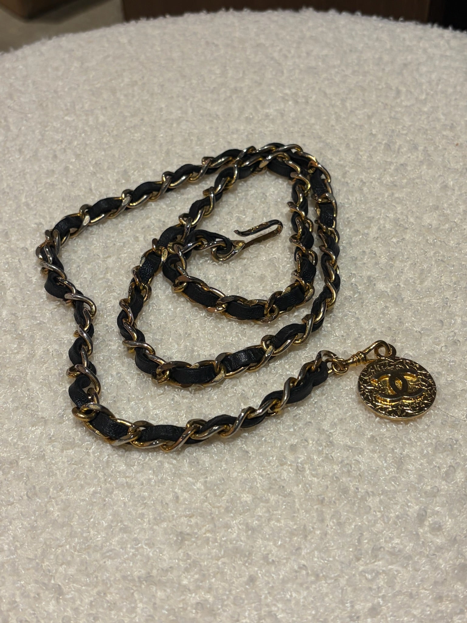 Chanel Leather Woven Chain Strap Necklace Belt Gold Tone Black Leather Medallion Charm
